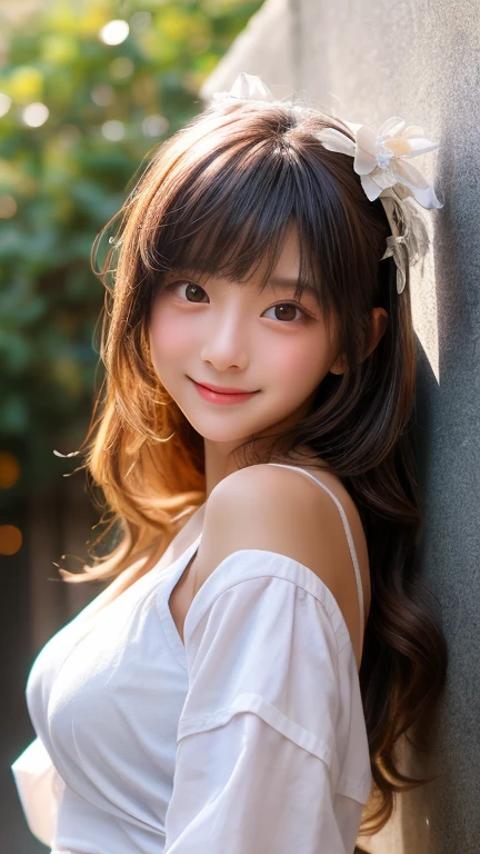 high resolution、(((1 Beautiful Girl、Japanese)))、(detailed)、 bangs、((Perfect Face,Blonde))、Real Texture Skin、Natural Makeup:1.2、blouse、smile、Early summer park