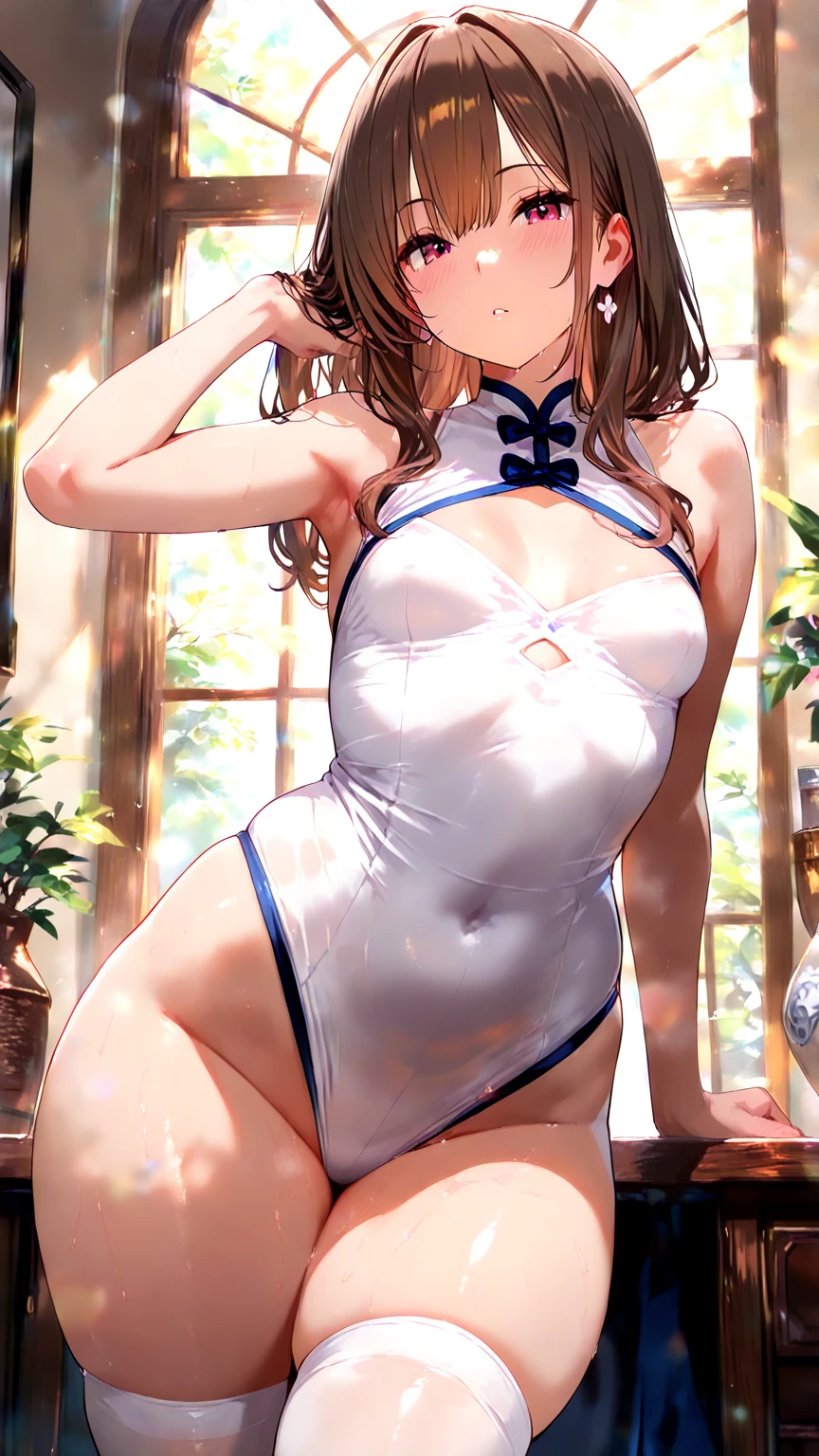 (masterpiece), Highest quality, High resolution, Very detailed, character close, Chinese style white beautiful dress, Chinese elegant dress, Exquisite detail, Beautiful and elegant Chinese dress, Colorful and shiny, The dress floats, Elevation, Natural closure (close), Require, Warm colors like sunlight Focus Personal warm, Champagne, Details are highlighted, Super long ribbon, Open, whole body, Many detailed elements, Pink petals, Sunlight on the skin, wonderful, hairpin, Hydrangea, Private room,High leg swimsuit,Crotch crack