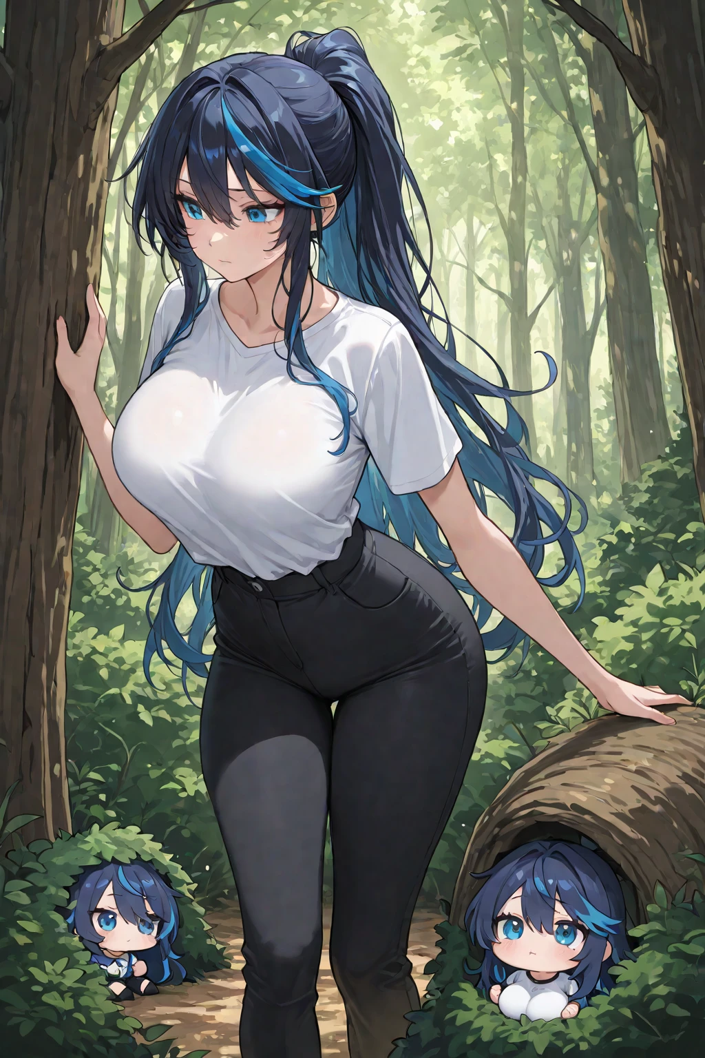 In a forest of large trees there is an even larger Amazonian giantess, with brown skin, black hair, thin, with clothes of the forest, and with very long legs, she is looking for small human invaders of the forest to destroy them so that they do not disturb the peace of the forest. Giantess, goddess, hot, black skin, tall legs, sexy, tiny people, tiny humans, crush, forest, trees, standing, group of small people, cuerpo delgado, curvilinear body