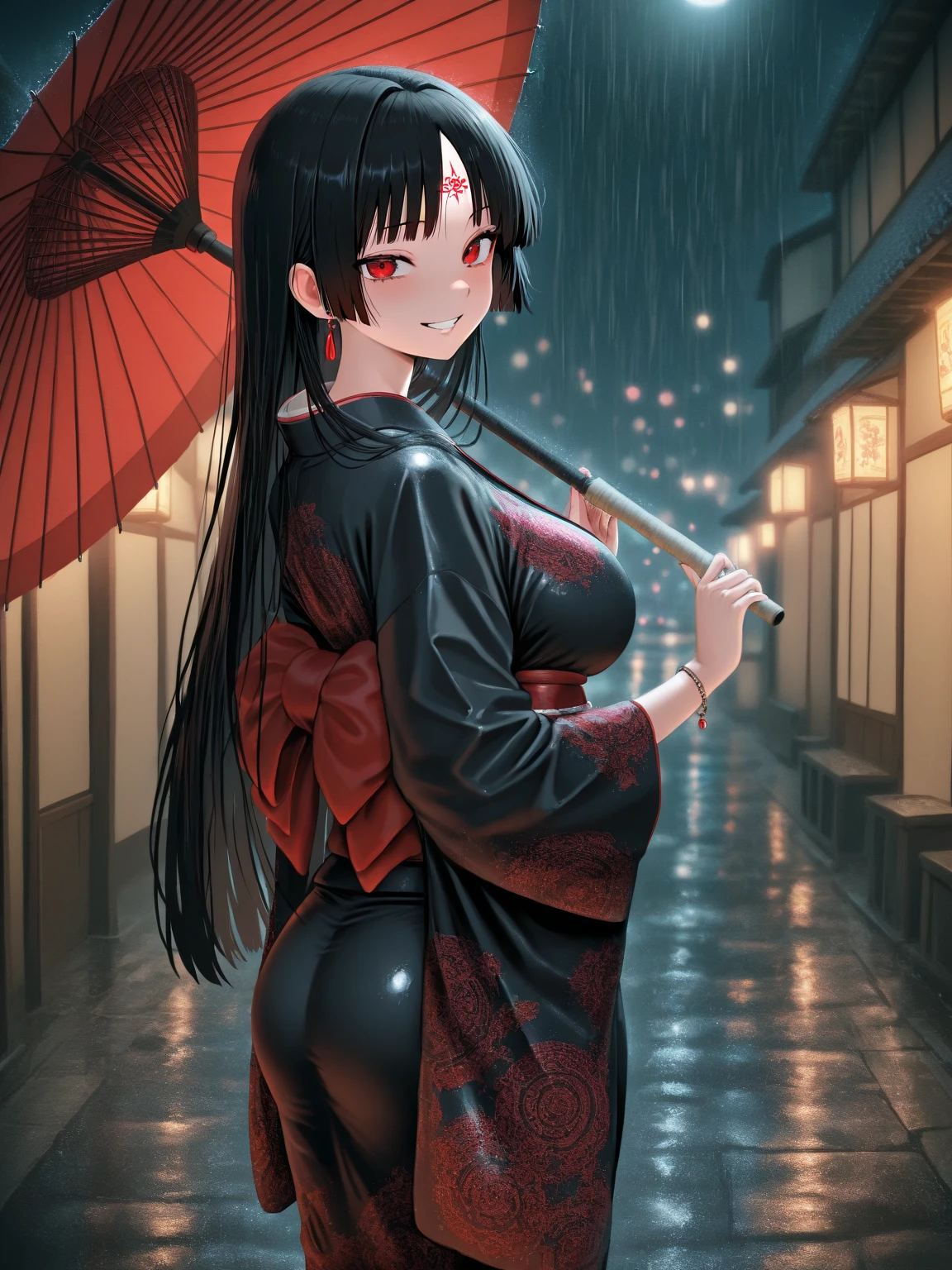 (Fatal Frame Crimson butterfly), (Full body photo:2), (1 Laura/woman and a ghost of a zombie/ghost woman with her decomposing body behind her:1.5), Laura is wearing a black fabric high school student outfit and a short skirt:1.5), (she has large breasts:1.8), (extremely beautiful:1.5), (she has short black hair:1.5),  (red eyes:1.5), (red lipstick on her mouth:1.5), (she's holding an old Camera Obscura:1.5), (she's in an old Japanese village at night, raining heavily:1.5), (her clothes are soaked in transparent water and her hair is all soaked in water:1.5), Fatal Crimson Butterfly Frame, anime, Terror, 16k, best quality, highres, high details,  UHD, masterpiece