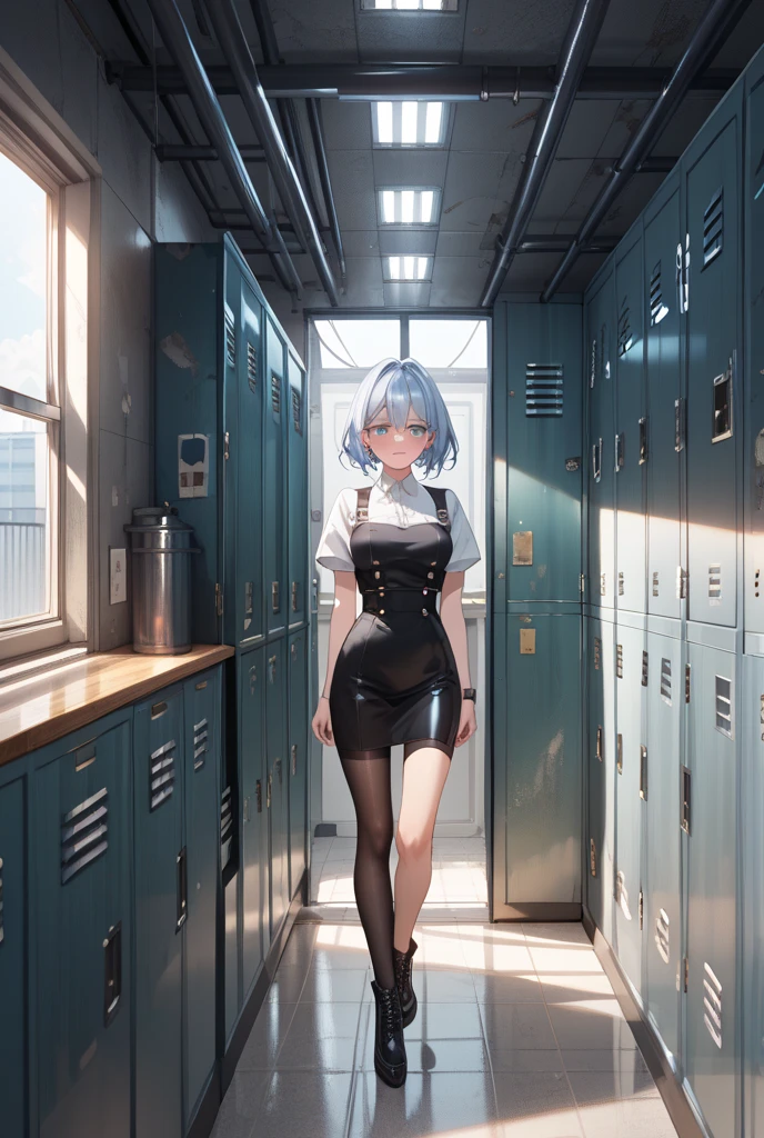 ((best quality)), ((highly detailed)), masterpiece, absurdres, (detailed eyes, deep eyes), (1girl), straight-on, dynamic pose, full body, (((wide shot))), <lora:hairdetailer:.9>, <lora:gwenTotalDramaIsland_v05.1:.9>, gwentd, short hair, bangs, black eyes, makeup, blue lips, choker, medium breasts, goth, long sleeves, corset, midriff, pantyhose, skirt, boots, (indoors, at a train)