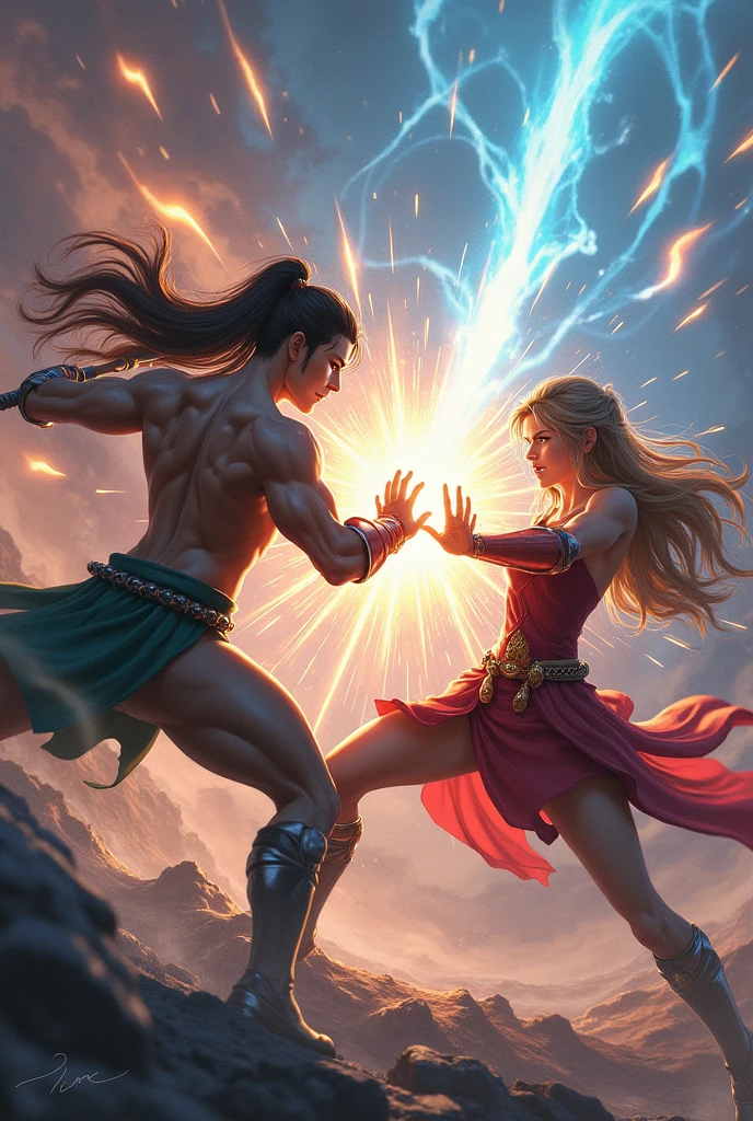 I want a fight between 7 warriors including Greek God, gentlemen, Celtic defenders and Egyptian gods showing their skills