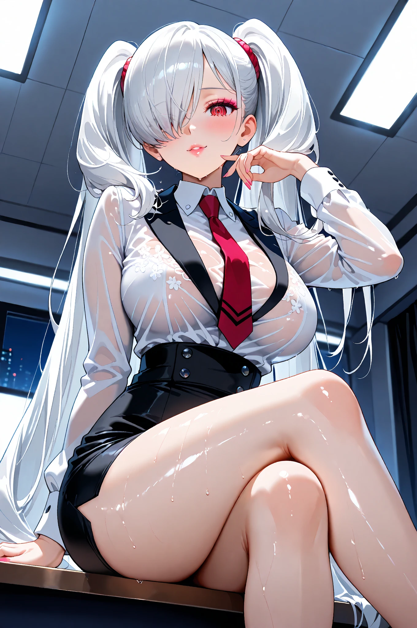 ((top quality, 8K, masterpiece: 1.3)) ,1girl, Silver hair, Purple eyes, full bodyesbian, Realistic, (Tiny micro bikini), side-lighting, the wallpaper,Chinese hairstyle,((Open mouth,Stick out tongue,Flushing,legs separated,Nipple,sperm in mouth,Sperm on tongue,Sperm on the breast,Bukkake)),eventide,Close-up,big breast,Mature woman,At the office,sitting the desk,white shirt,mini-skirts,legs spread wide
