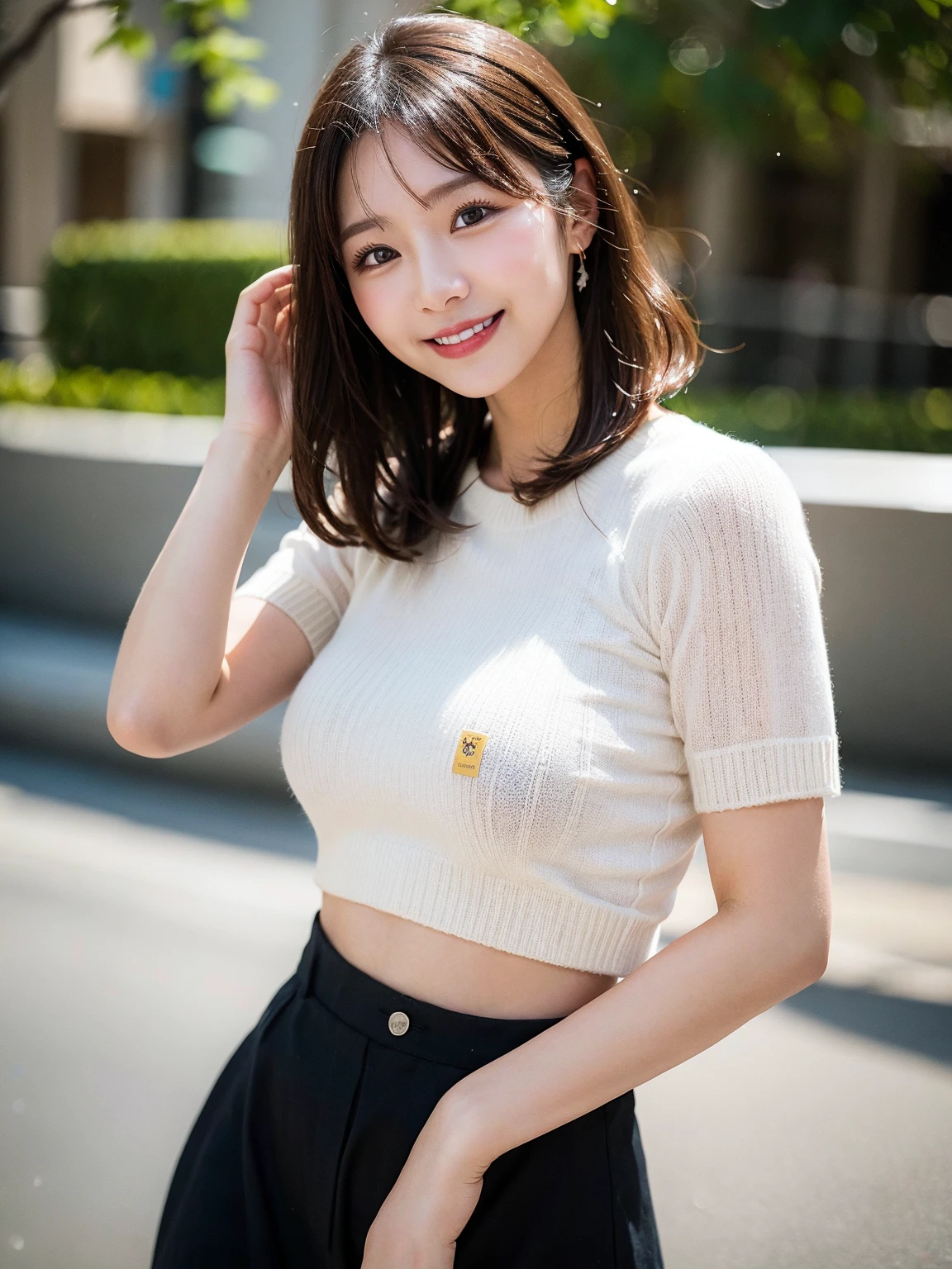 woman,2,Brown Hair,Short sleeve,mini skirt,Summer clothes,Bright smile,Sticking out tongue,Big eyes,charm,cheerful and energetic,Natural Body,Small and delicate,A bit clumsy,High resolution