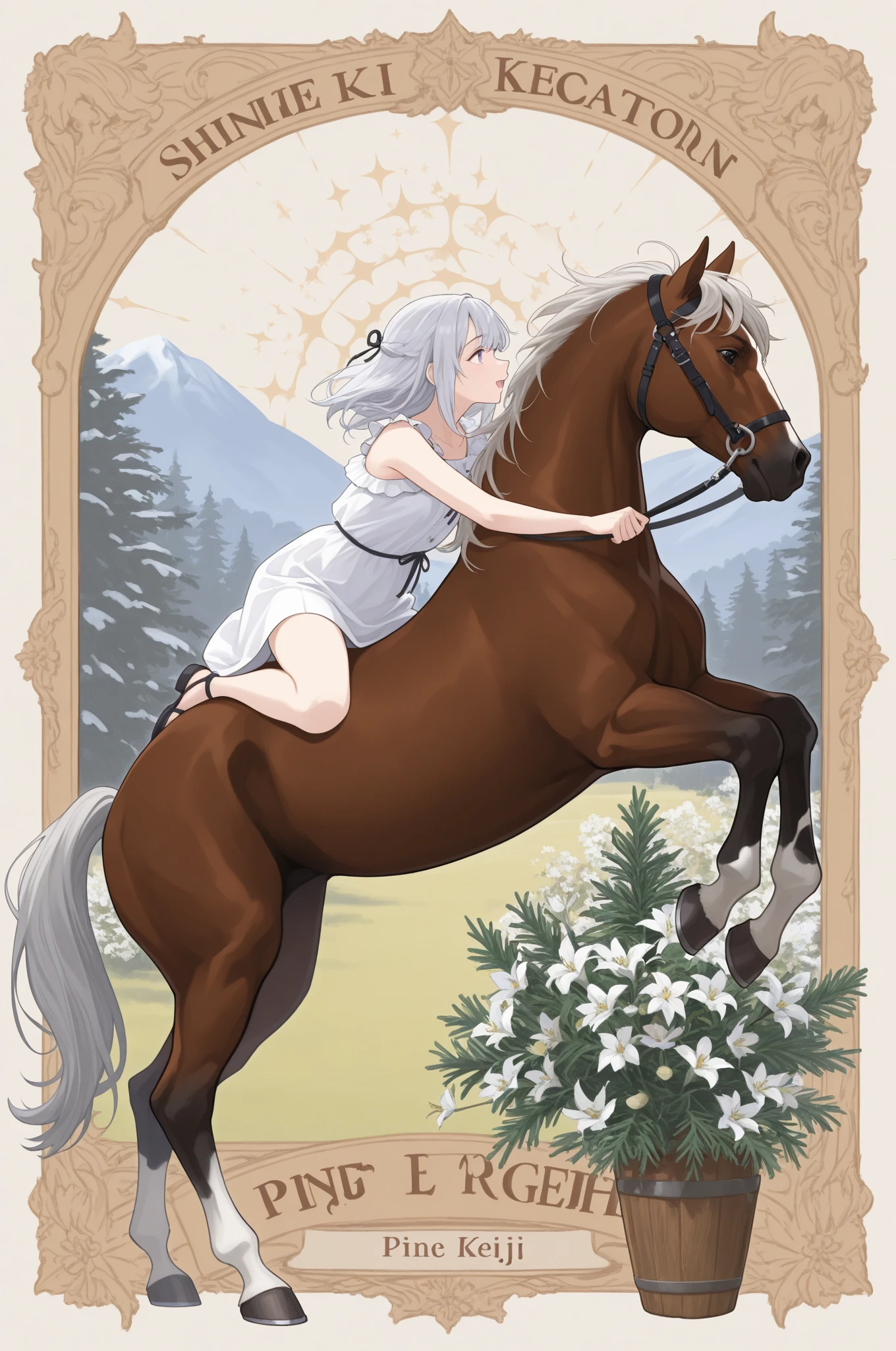 full body, ((realistic)), long flowing white hair, photo referenced, highest quality, high quality, intricate, ((cute)), pointy ears, navel, [freckles], ((medium breasts)), perky nipples, athletic, naked, dynamic forest background, expressive, riding a horse