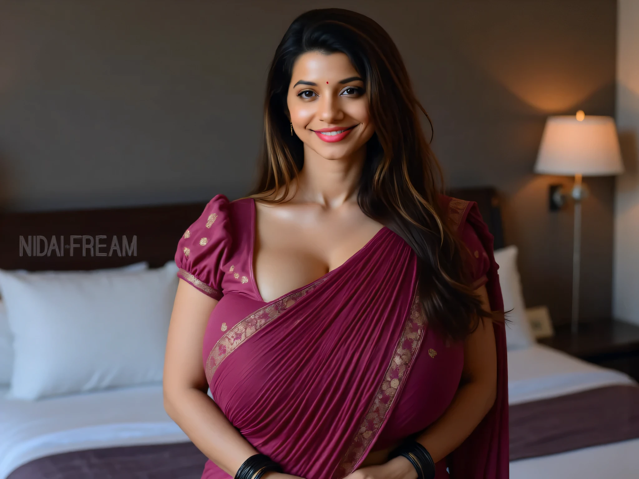 Busty indian curvy thick women, wearing maroon color saree, Black Bangles, sitting in bedroom with a sexy pose
