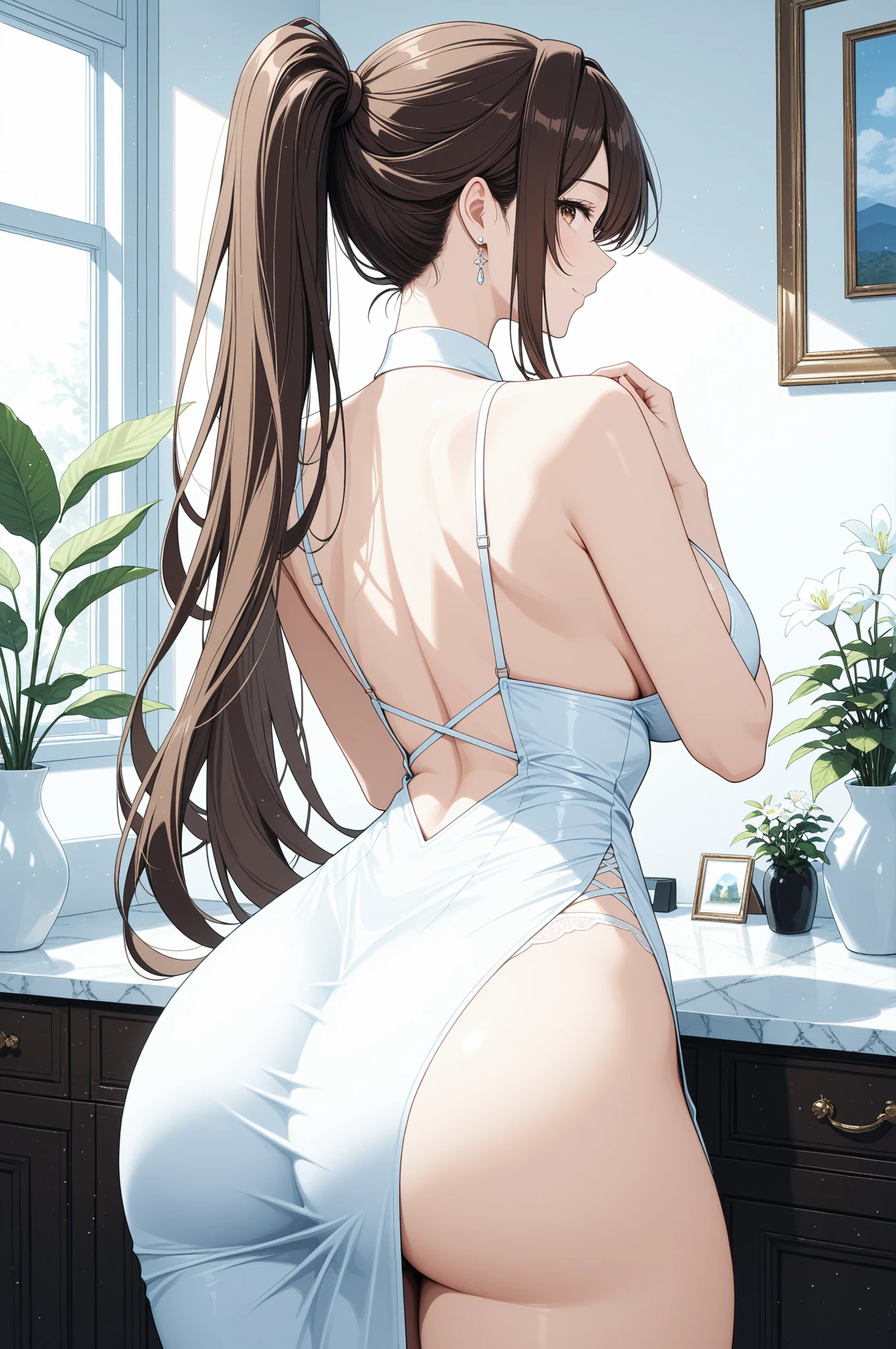 ​masterpiece, best quality, delicate detailed, high resolution, extremely delicate and beautiful, ( White Bunny Girl), (huge breasts) ,  DARK hair , beautiful sexy socks , bends over her ass