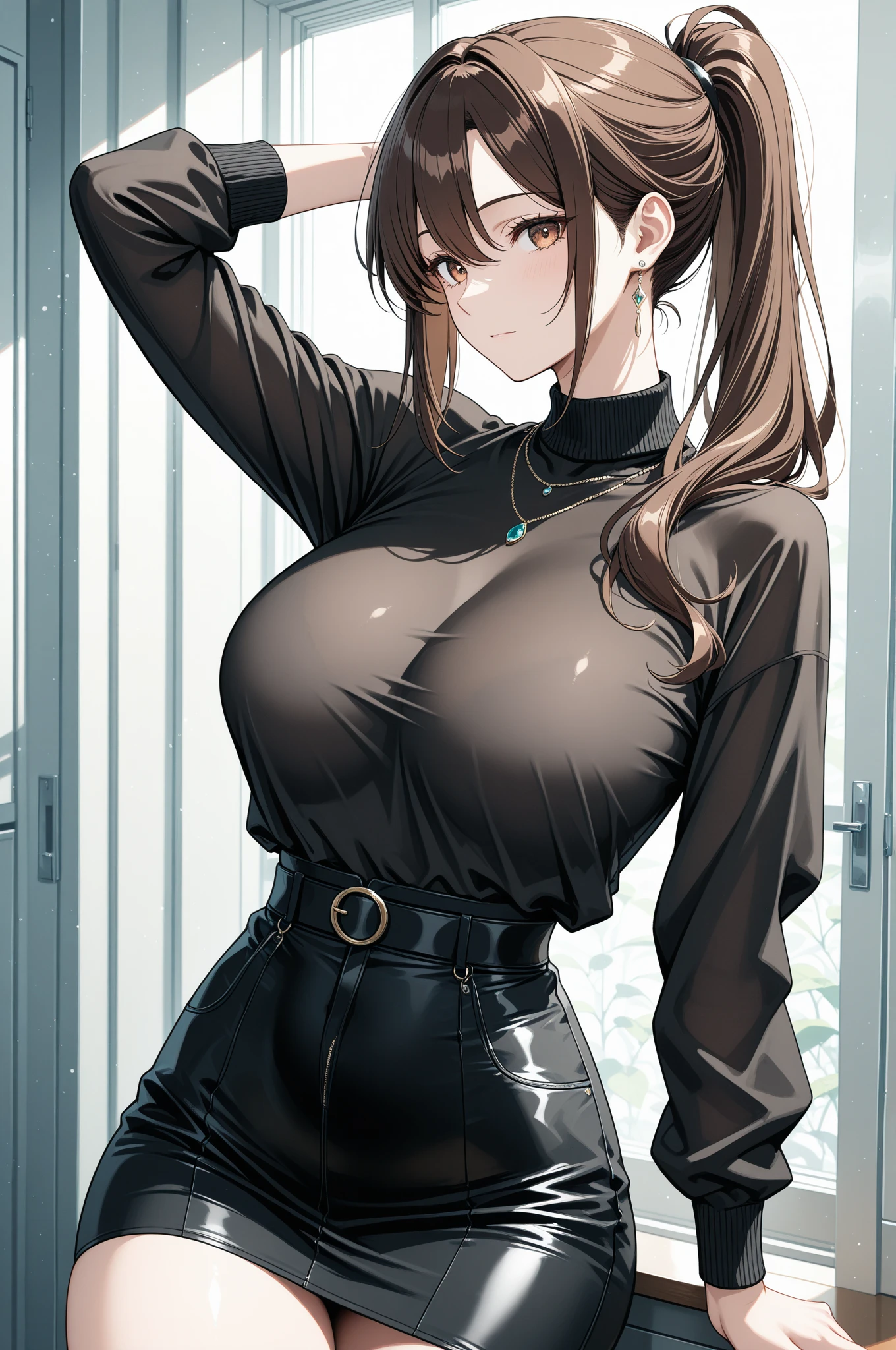 Beautiful woman with mid straight ponytail brown hair with brown eyes wearing Black Tight Leggings, Beige Sexy Mock Neck Mid Sleeves Blouse,18k gold wedding ring on left hand, standing with cross-legged in her office room at night, (caucasian skin), (light brown lipstick), (elegant mascara), (slim body), (small breasts), (wide hips), midjourney, <lora:GoodHands-, <lora:GoodLegs-, UHD, high resolution, (expressive eyes, perfect face, full body, expressive face, perfect body, perfect pussy, athletic, fit, slim body, blushing, Perfect makeup, eyeliner, beautiful eyelashes, smiling, horny face), ((best illumination, best shadows)), ((sexy pose))
