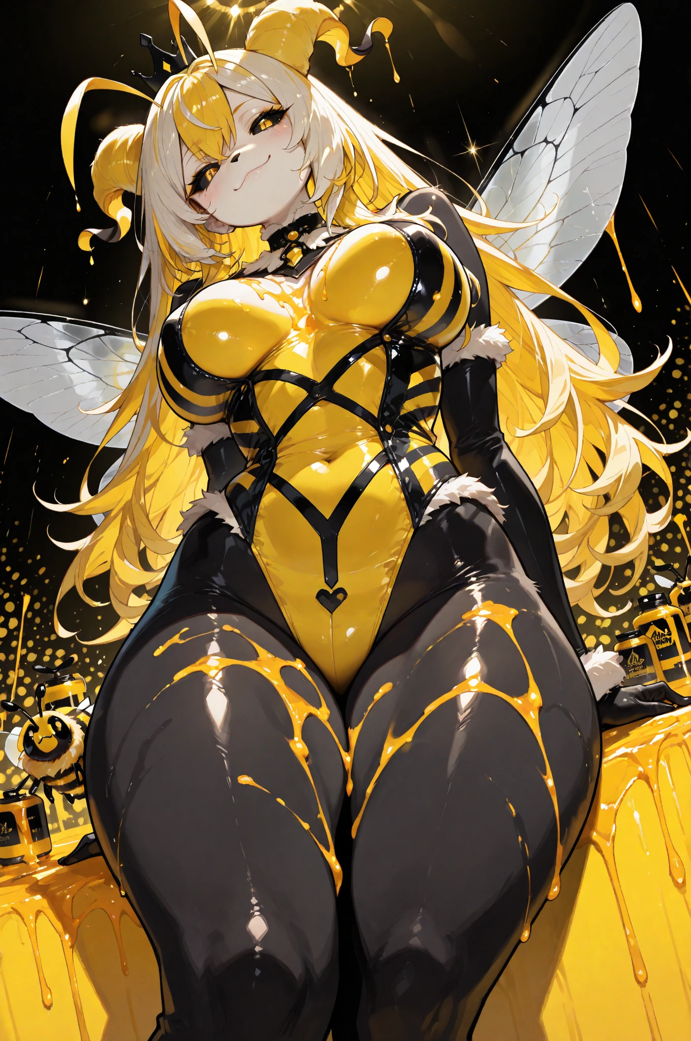 (masterpiece:1.2),(best quality:1.2),(masterpiece, best quality, ultra-high resolution), (Humanoid bee), Black and yellow striped hair, large and bright compound eyes, golden skin with black stripes, translucent and shiny wings, thin and mobile antennae, slender body, tight-fitting clothing with wax-like texture.