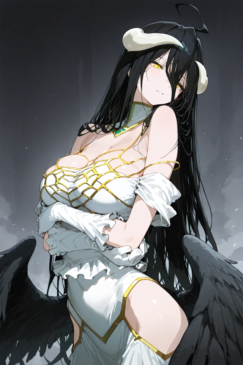 black hair,horn(white),curvy body,,big breast,big thighs, covered in blood,bruised body, bruised face,albedo_overlord,fully naked, brutally injured,empty background,very nsfw.