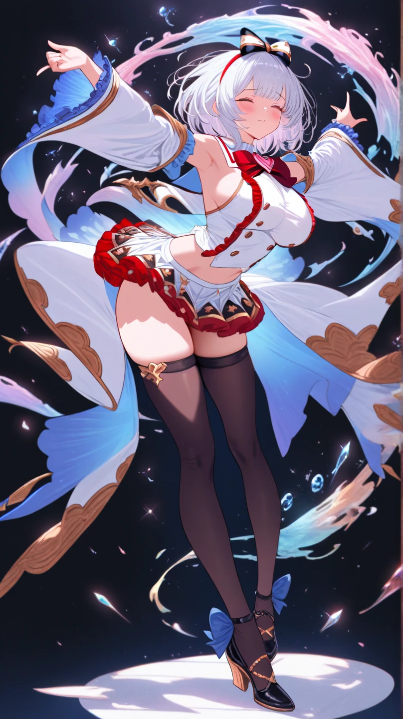 1woman, body, short brown hair, pink witch hat, blue eyes, happy face, pink corset, white shorts, long white stockings, white boots, big breasts, big ass