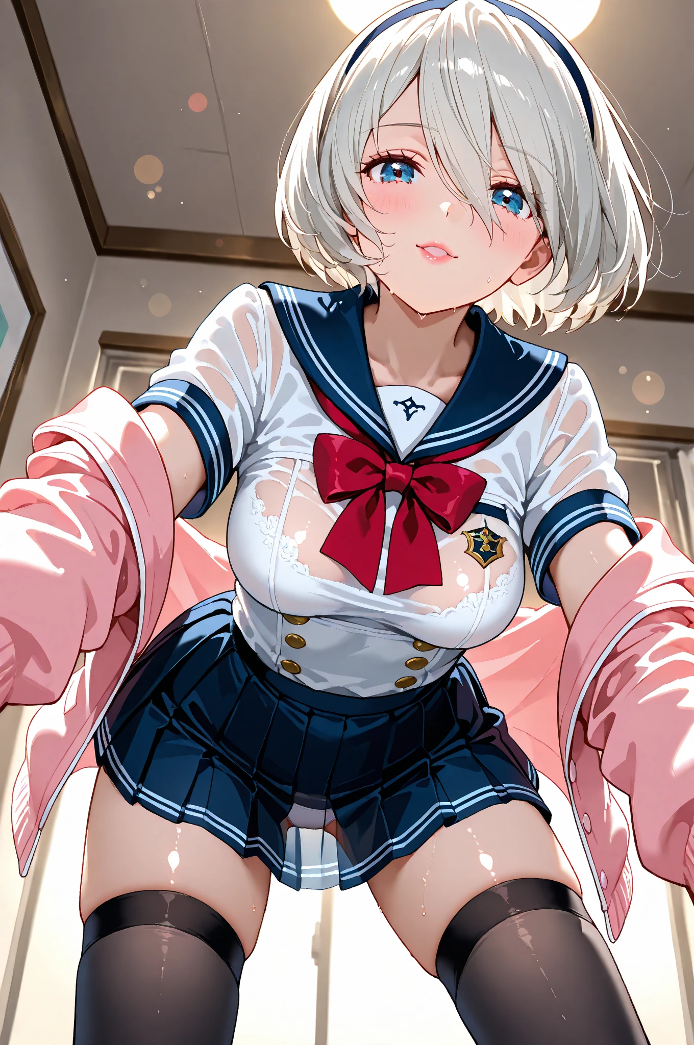 ((highest quality)), ((masterpiece)), (detailed), Perfect Face、NSFW、Big Breasts、Squat、Leg spread、solo、Covered in semen、front、Pushing her underwear aside, she spread her pussy、Masturbation、Ahegao、Creampie、Fingering、Garter Stockings、Sailor Moon Cosplay、