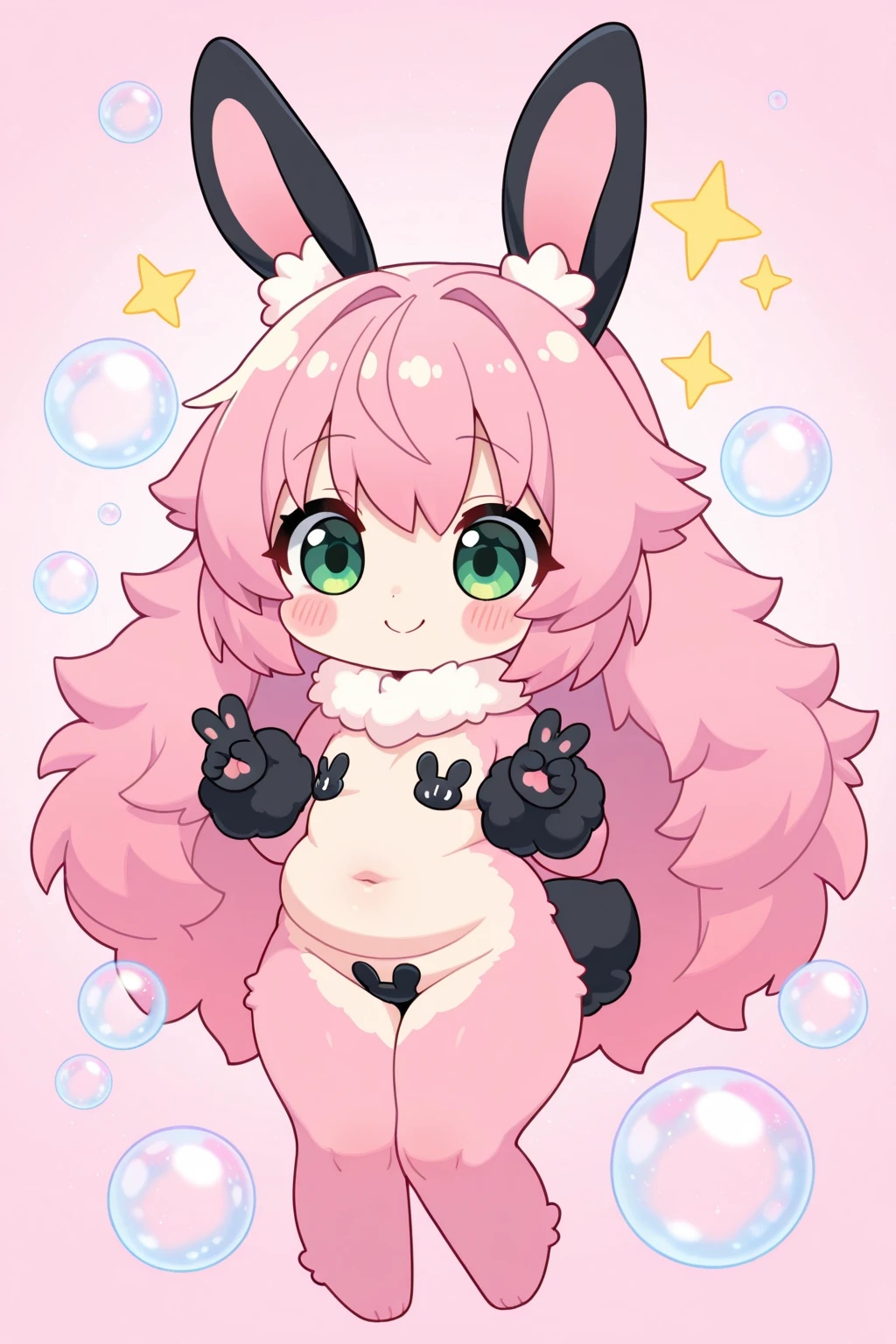 1 girl, Soft pink furry skin, Pink Heidi, Thick thighs, There is a long pink ribbon on the head, Pink heart-shaped pupils, Tight pink bikini,, Pink heart-shaped eyes，Big breasts_F罩Big breasts，fox，full-body shot，Long legs，Loli