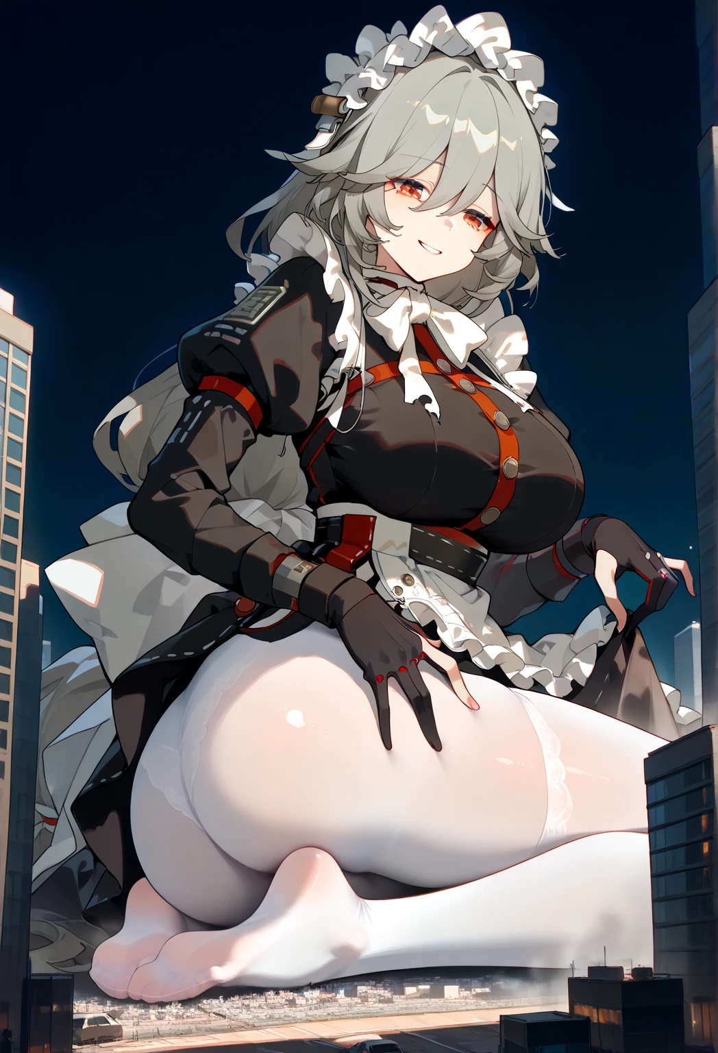 1girl, w_arknights, black bodysuit with red parts, city ruins, hi-tech armor pieces, mature, gigantic breasts, from front, super fat legs
