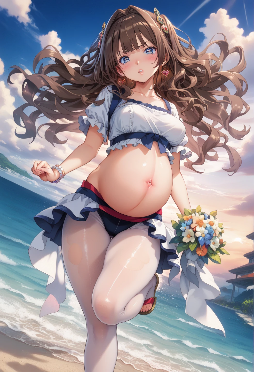 art by Cornflower, Dreamy
(A small figure,Beautiful eye girl. The depth of field in the photo was perfect, and the lens flare added a nice touch. The meticulous facial features on her face are really prominent, And the score of this photo is definitely greater than 10. in the background, There is a beautiful ocean,The sea is crystal clear,There are water droplets on the surface of the water. It's a stunning photo,Really captured the beauty of the girl and the water.)Pregnant women with,Pregnant belly,a navel,Yellow swimsuit,A pair of hands,white stockings,hands on stomach