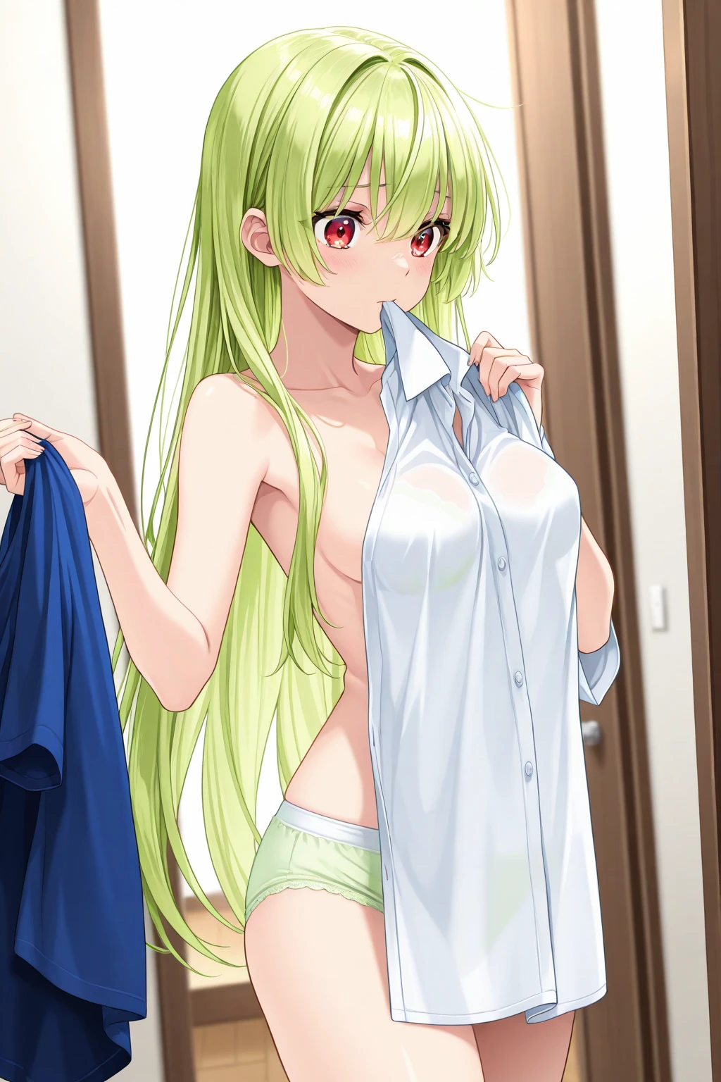 ((Highest quality, 8k, masterpiece: 1.3)), whole body,1 personの,1 person,,Glamorous Body,cute,Troubled face,Black Hair,Beautiful emerald green eyes,long hair,Stand in front,((In front of the clothes rack)),(((Pastel pink bra,Pastel pink panties,Scanty))),Morning sunshine,Inside the room,