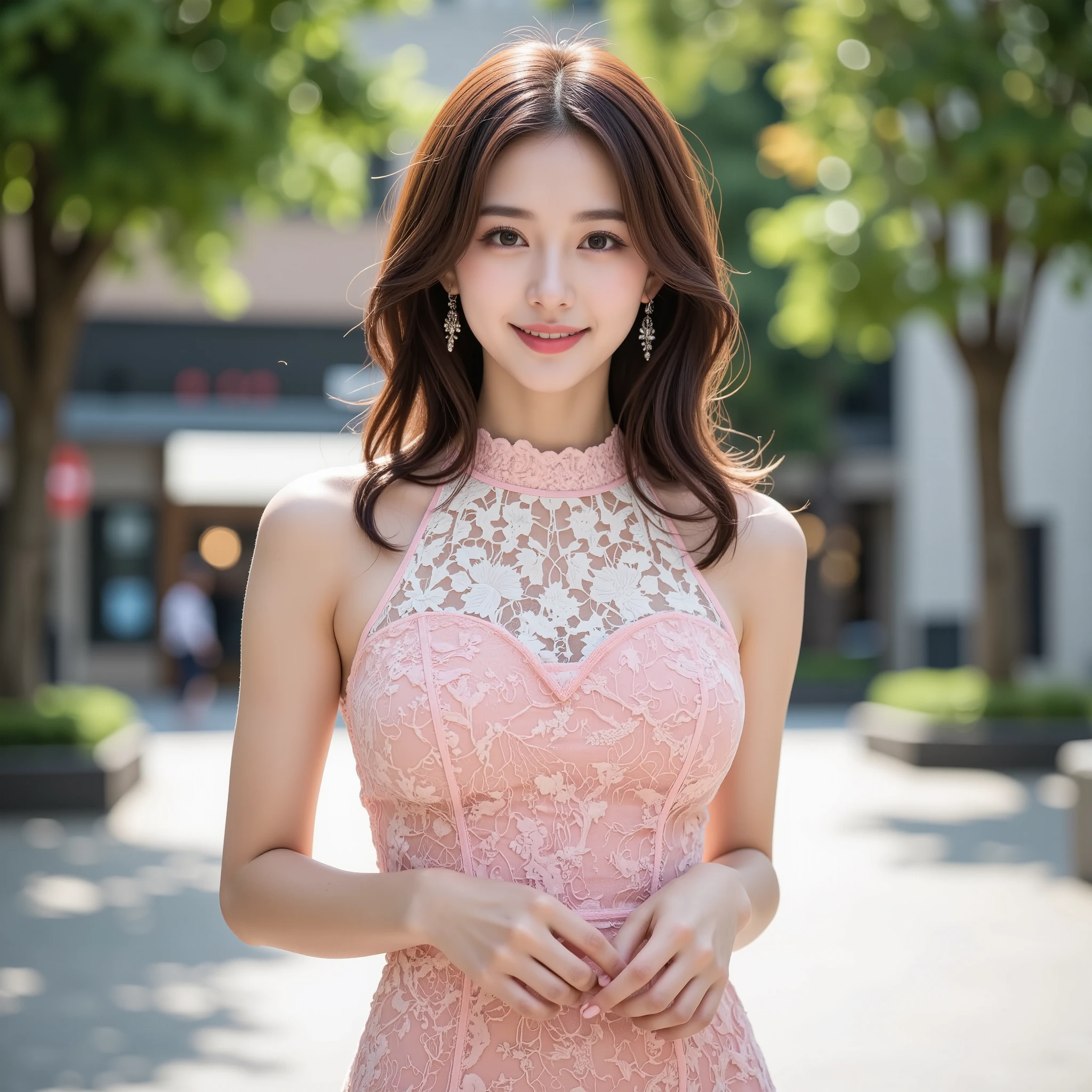 8K, table top, RAW photo, highest quality, realistic, Highly detailed CG Unity 8K wallpaper, Depth of bounds written, cinematic light, Lens flare, ray tracing, (very beautiful face, beautiful lips, beautiful eyes), face with intricate details, ((super dense skin)) 1 woman, in the dark, deep shadow, 1 fascinating Japanese woman,40 year old female (very slim and slender fit muscular body:1.3), ((looking at the viewer)),(big smile:1.3), (daytime park, (blurred background), fashion street night),(no people in the background:1.3), beautiful earrings, bracelet, necklace, pantyhose, clear eyes, walk, (white skin), (Big eyes), look forward, (brown hair), (full body shot), ((Silk Hot Pink Color Dress:1.3)), ((tight fit dresses)), ((lace dress)), (looking at the viewer:1.3) open chest, very slim, medium breasts, backtracking, (buckshot), focusing, before the eyebrows,(tight dress), thick thighs