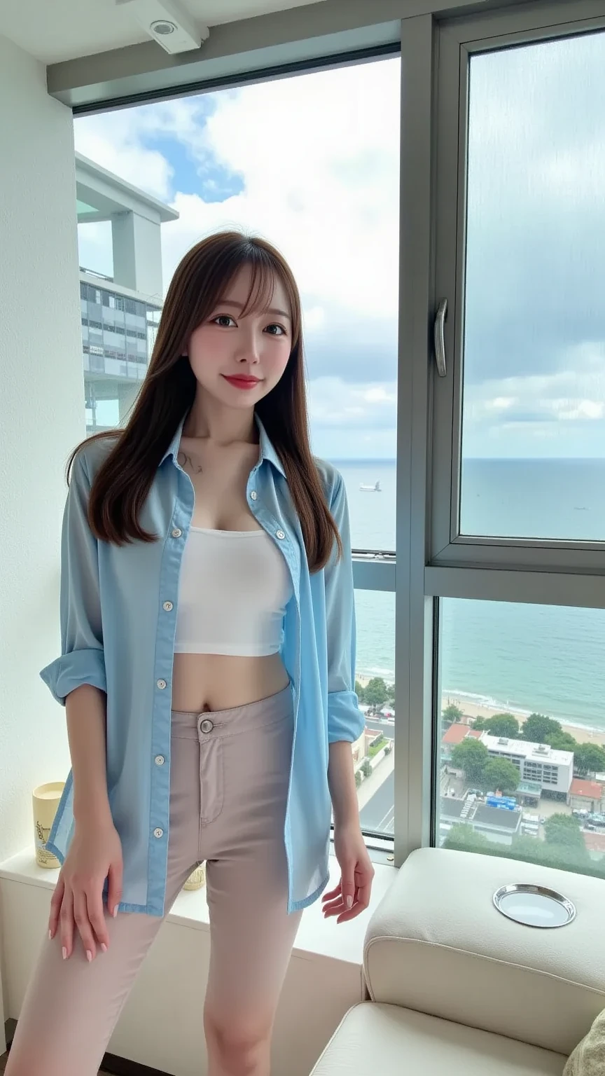 (1 Korean star with royal sister style), ((best quality, 8k, masterpiece: 1.3)), (beach: 1.8), focus: 1.2, perfect body beauty: 1.4, (pouting smile: 1.2), (hips: 1.3), highly detailed face and skin texture, fine eyes, double eyelids, whitening skin, (long hair, air bangs: 1.3), (beautiful perfect face: 1.5), (beach skirt: 1.4),