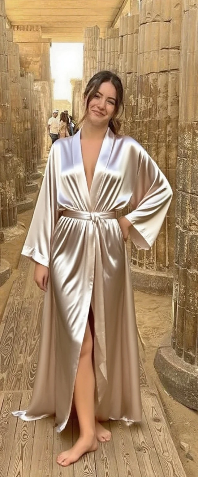 Fashion model, Zendaya with big breasts; wearing a short wide-open blue-golden-Egyptian translucent bathrobe, one hundred meters for the Sphinx in Egypt.