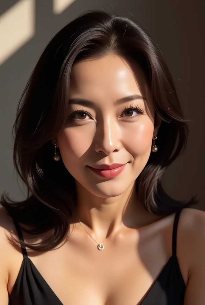 ((masterpiece)), ((highest quality)), ((Fully detailed)), Mature Woman, Age 35, Close-up photo of the face、, Tight suit、Lewd smile、Long Hair、Curly Hair、Hostess-like makeup、Red lips、eye shadow、