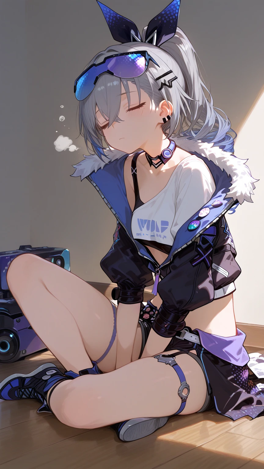 Game CG，8K quality，((young boy))，1 boy，Youthful feeling，Anime male protagonist，wolf ears，12 years old，Pain and despair，Locomotive goggles，Pure white skin，White and blue racing（tight）One-piece Pants，The crotch is bigger，White fingerless gloves，White racing boots，full body portrait，Defeated，gave in，damaged clothes，car damage，sit on the floor，is powerless，There are scars on the face，Car crashed，The scene of the car accident，and there is blood on the corners of your mouth，Fear，sad