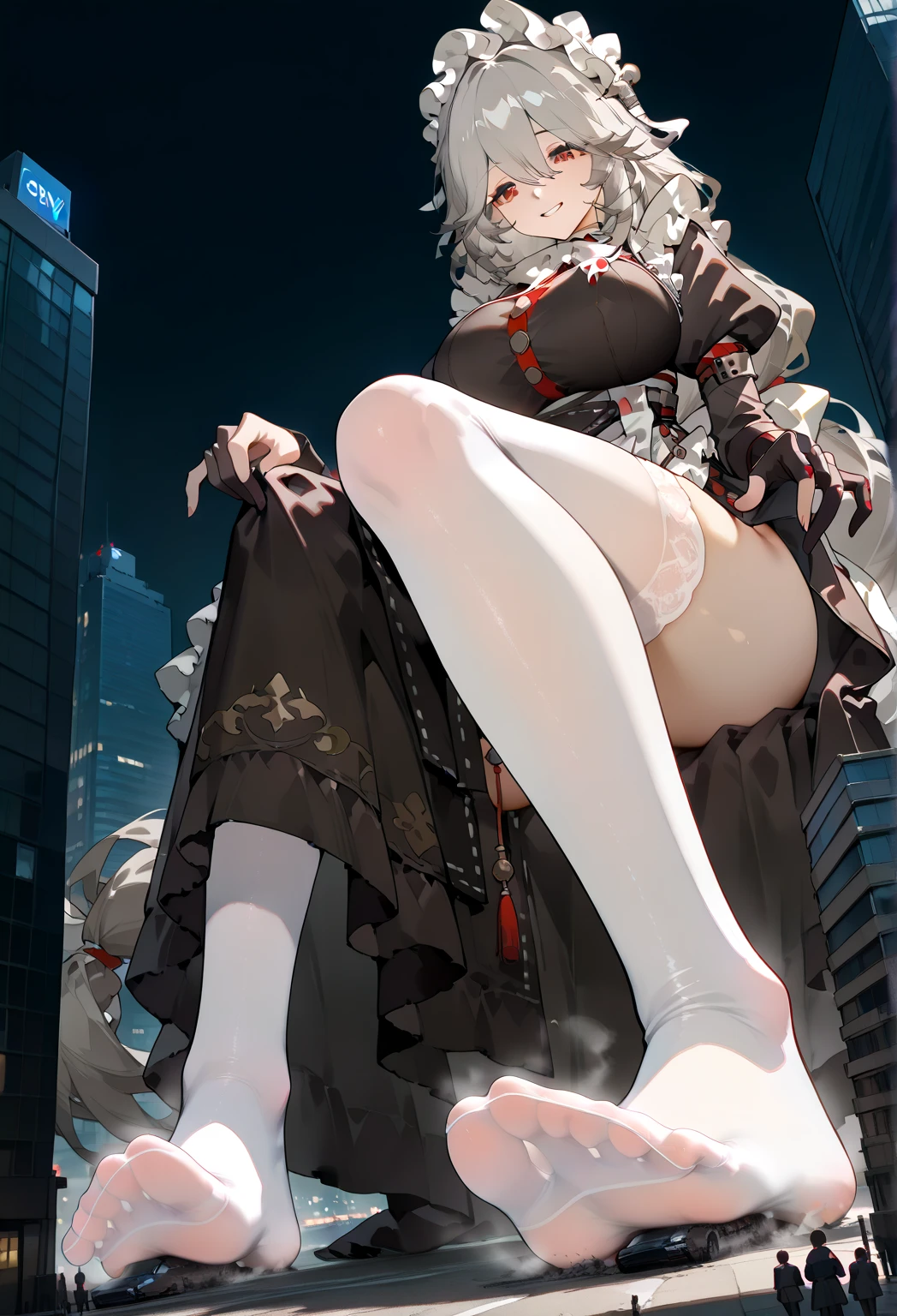 Aerial View，giant girl 50,000 feet high，Have a pair of long legs，Possessing a pair of huge demon wings，With huge devil horns on his head，Has white waist-length hair，loose hair，Wearing a pair of Mary Jane heels，white wavy hair，A look of enjoyment，lace gloves，lace pantyhose，蕾丝whole body，pantyhose soles，pantyhose toes，Sitting on top of a destroyed city，城市到处是blood stains，Beautiful appearance，Exquisite makeup，quality，8k，高quality，(governor:1.5)，Perfect proportion, Cinema lighting，film grain，Fuji colors，8k，textured skin，Super details，high detail，high resolution，explode，fake smile，blood stains，脚底有blood stains，night，whole body，Fat stature