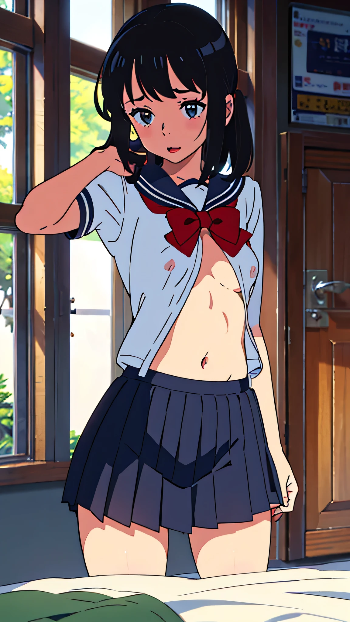 miyamizu_mitsuha, red bowtie,
jewelry, white yoga crop top, white yoga tight shorts, hands on chest,see-through, looking at viewer, hair ornament, choker, shy,
(masterpiece, top quality, best quality, official art, beautiful and aesthetic:1.2), (1 girl), extreme detailed, colorful, highest detailed,
(huge breasts:1.2, upper body, from below, cameltoe, ) white panties,
china city,street, sun, cloud, wall, leaning,