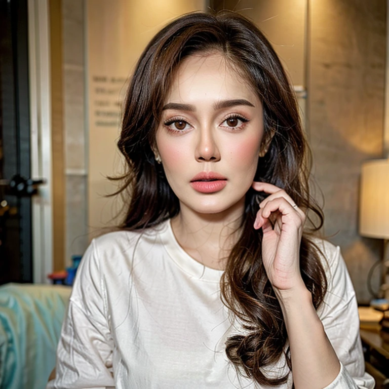 ((my face is very sad)), ((Straddling)), (( afro bun Hairstyle)), (Malaysia female), age 40 years old , chubby face. cute, 8K, photottorialism, retro dress red..