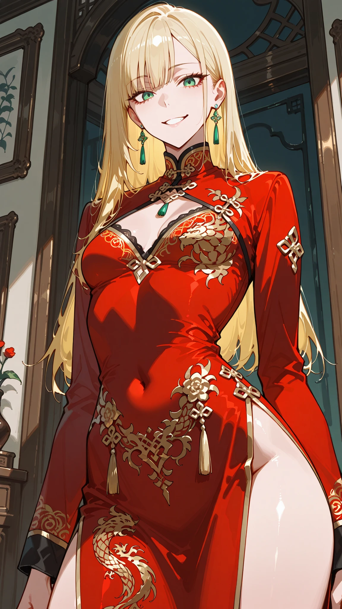 masterpiece,Highest quality, Very detailed,One girl(Sakurai Momoka,Slender and sexy body, Nice big , Wavy Hair, Long Hair, Blonde, head band, Pink flowers in the hair,Green Eyes), Bright Face, A light smile, Lips parted, nose blush, blush, In-person audience , View your viewers, Tilt your head, alone, Red Chinese Dress,Long dress, No sleeve, Black lace knee socks, In the living room, Are standing, Seduce your sexy waist 、乳首がAre standing,The nipples are erect