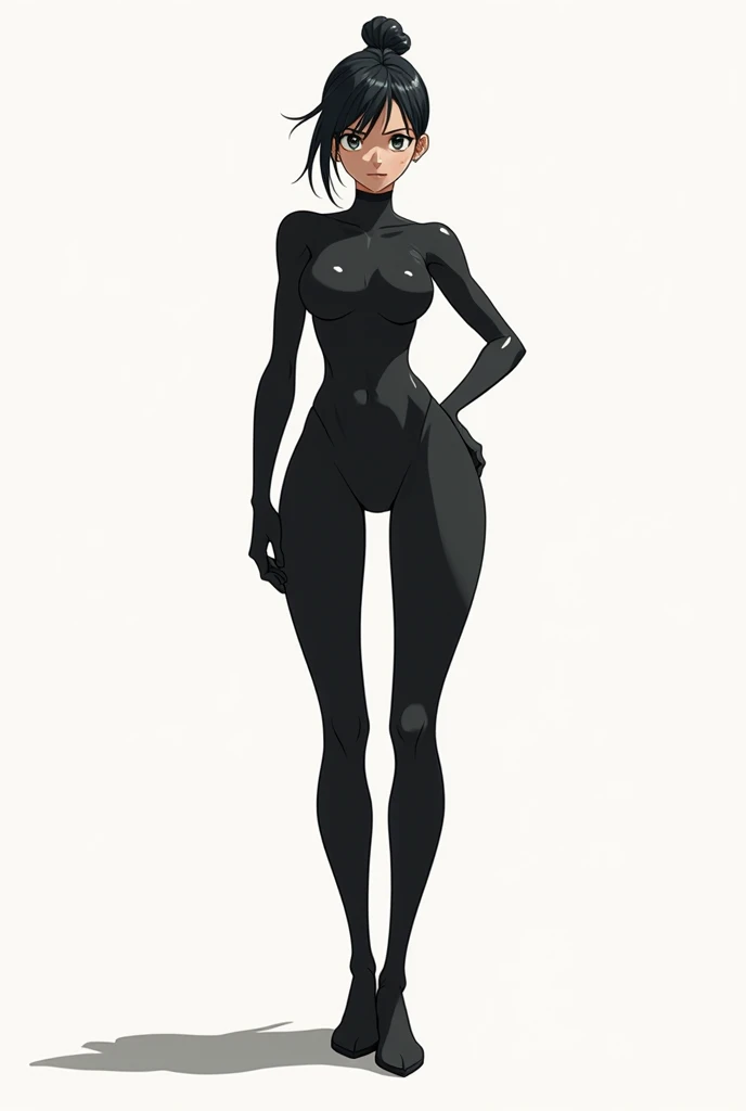 Short black hair, tall, shiny skin, gloss skin, long legs, dark skin, lanky, small breasts,