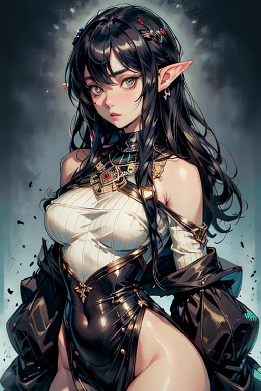 Close-up of a girl with a sword, ultra-detailed fantasy character, intricate gorgeous anime CGI style, female demon suitable for black horns, 4 K detail fantasy, high detail iconic character, beautiful biomechanical elf, complex fantasy character, high detail and very sharp, intricate artwork. Octane rendering, 3 D rendering character art 8 K. Long black hair