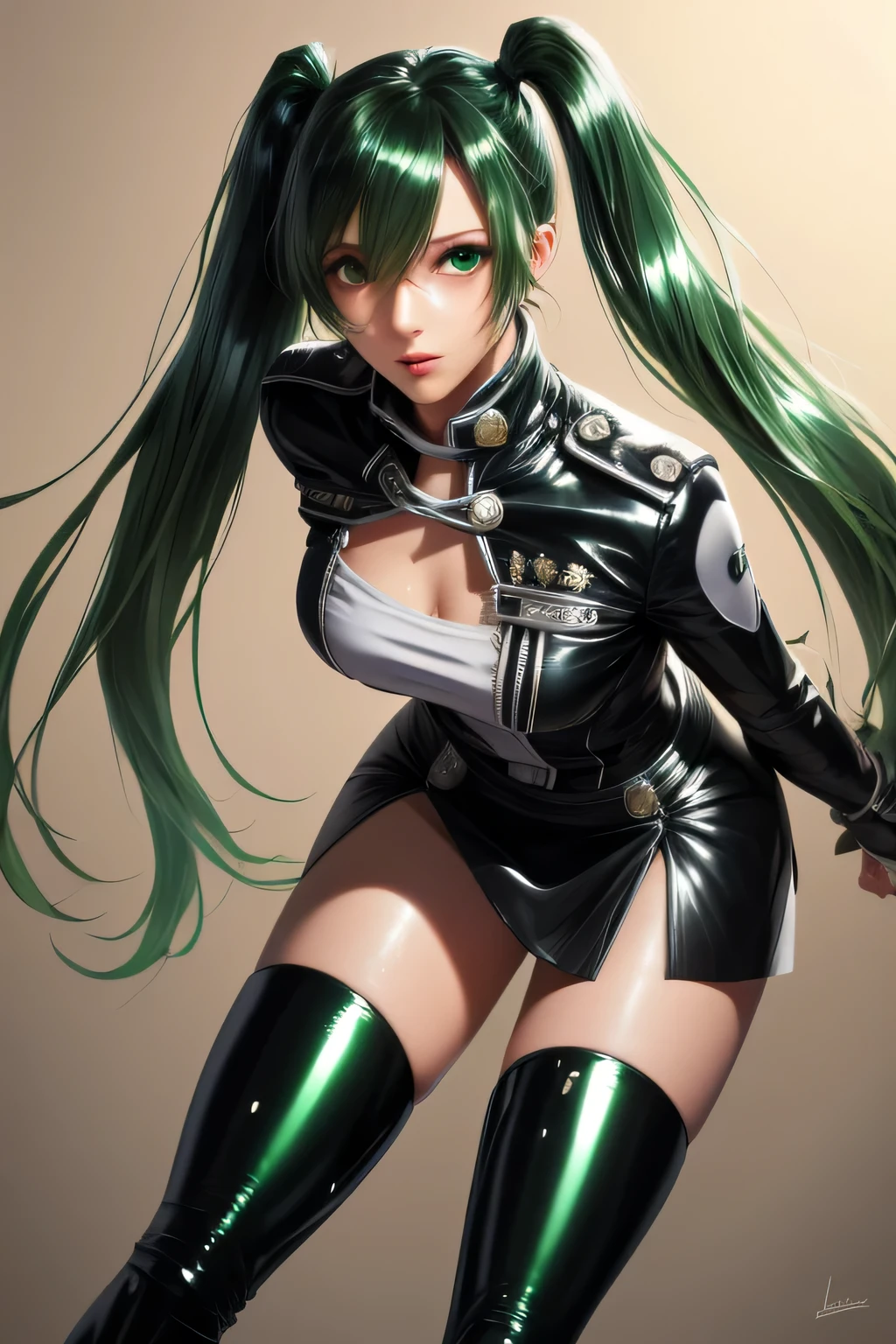 Adult woman, Long green hair, high ponytail, white eyes, black tight form, mask, angry, view from behind, smile, masterpiece, hiquality, 4k, HD, Good detail,detailed eyes, detaield hands, detailed face, full body