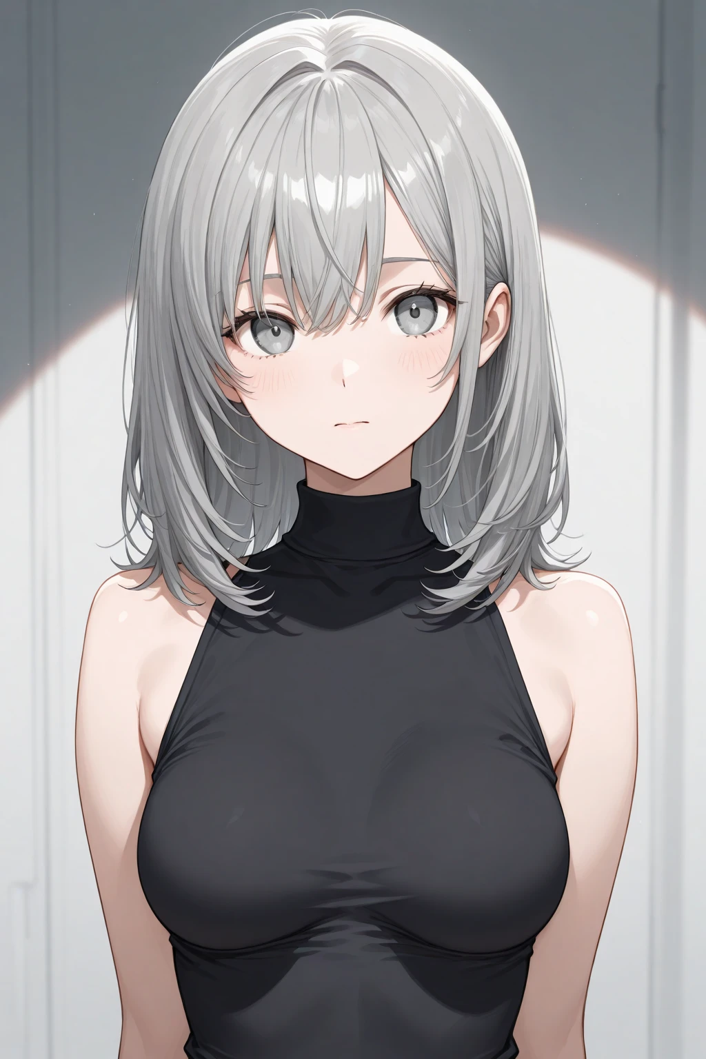 1girl, mature female, milf, auntie, (half closed eyes:0.4), grey hair, long hair, messy hair, crossed bangs, ahoge, amber eyes, pale skin, eyebrow, large breasts, black sweater, turtleneck, sleeveless, black shorts, grey background, portrait, looking at breasts