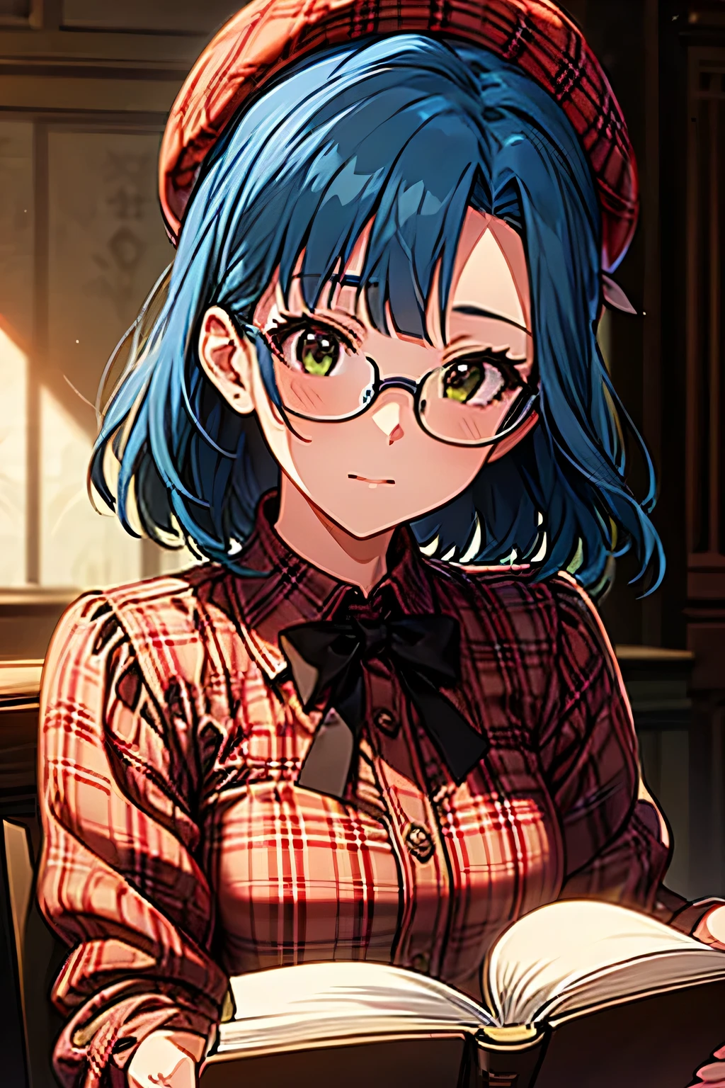 ((best quality)), ((highly detailed)), masterpiece, absurdres, extremely detailed face, beautiful face, (detailed eyes, deep eyes), (1girl), (glasses), dynamic angle, (bend over), leaning forward, facing the viewer, cleavage, ((downblouse)), nerd, <lora:LoraRoundGlassesV1:.7>, round glasses, thick rimmed glasses, smile, (inside, in a library, librarian, book shelves, (((multiple girls))), (5girls)), <lora:valbun:.8>, valbun