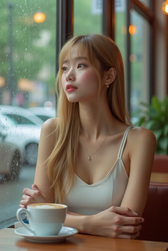 young beautiful blonde woman in coffee shop
