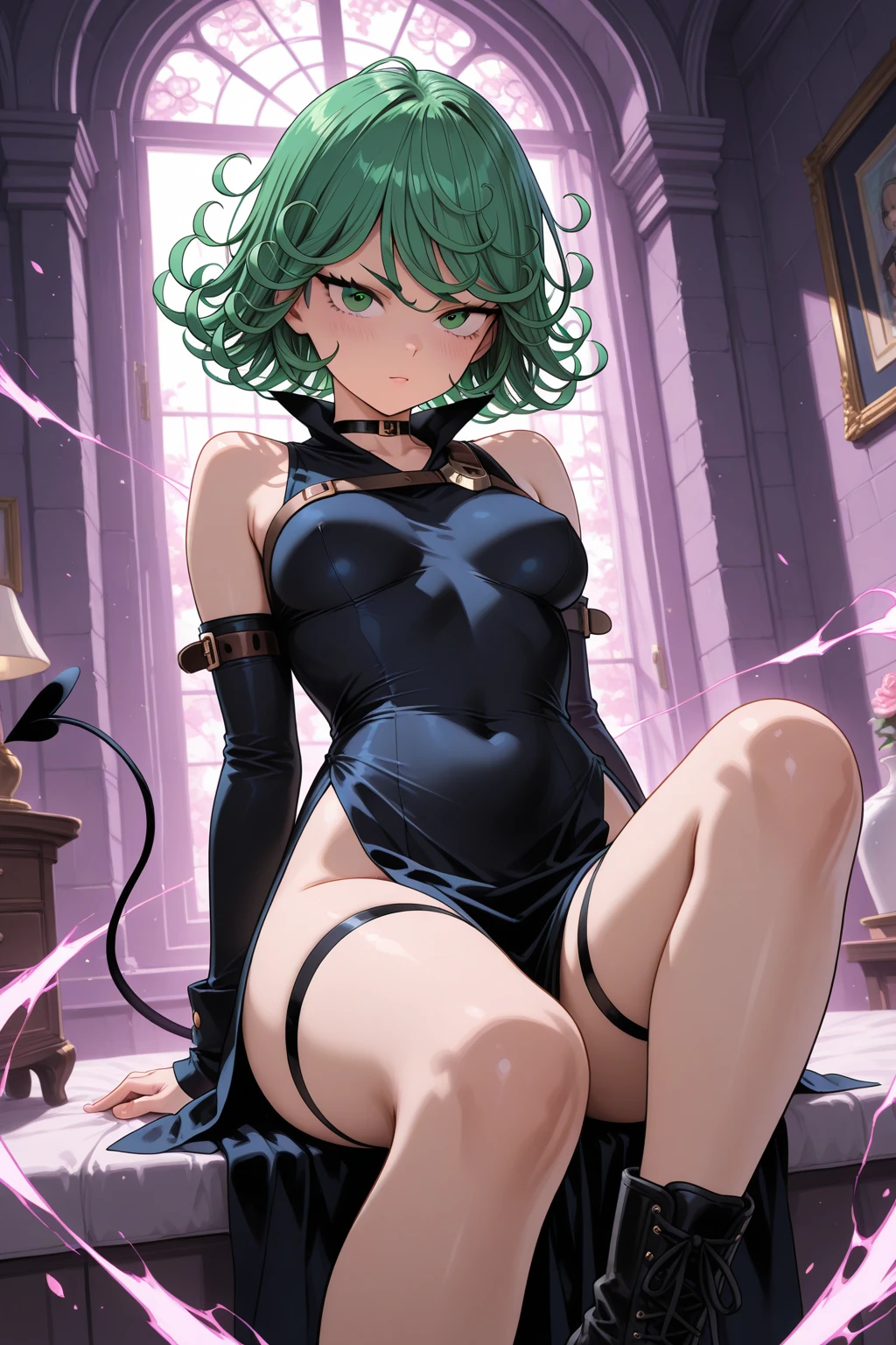 NSFW,masterpiece,Highest quality,High resolution,Super detailed,Uber\(Funeral of Frieren\),Green Hair、bangs、Hair between the eyes、Side Ponytail、Purple Eyes、Black choker、clavicle、No sleeve、High Slit Long Dress、No sleeveのドレス、Halter neck、Pleated skirt、Black gloves、belt、Black shoes,Embarrassed,blush,Luxurious Room,Brothel at night,heart,Sexy pose
