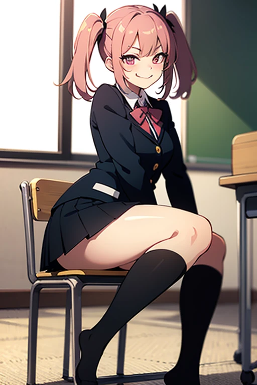Maki Nishikino、lovelive 、share indirect write、One girl in a mini skirt, Sit with your legs wide apart、Looking down at the viewer, Plump thighs, Highest quality, Focus on the thighs, Spread your legs wide, smile, blazer, blouse, Light blue panties、Black knee socks,  classroom,,My thighs are steaming between the legs 、Sweaty knee socks、Show the soles of your feet、Sweaty feet