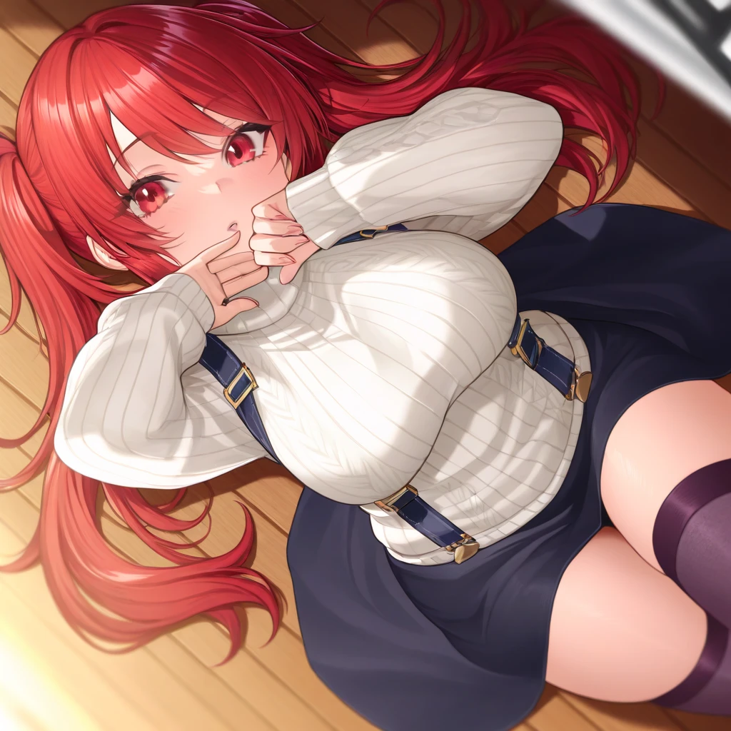 {{Full body view}} {{Artist: Sincos}} 1girl, Eris greyrat /"Mushoku Tensei"\, Big breasts, Voluptuous curvy body, baggy t-shirt, no pants, no shoes, blushing slightly, leaning over looking at viewer, pouting face, background of a nice room, on the bed, Holding some black panties