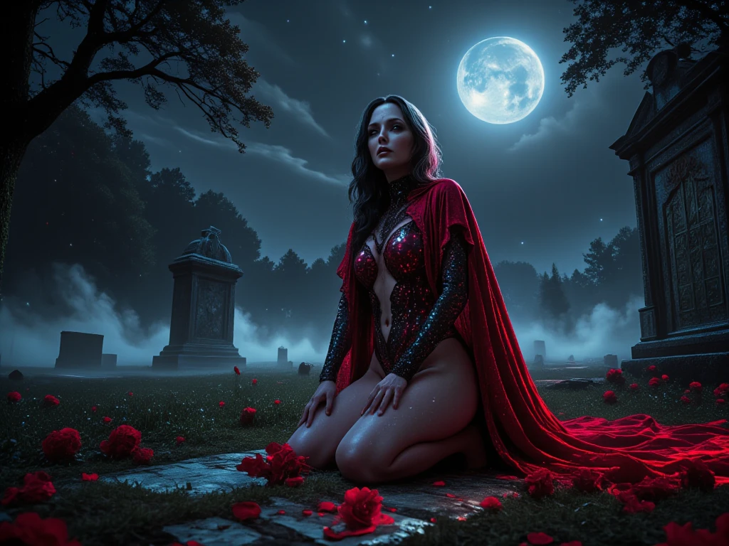 (beste-Qualit, 4K, Masterpiece:1.3), beautiful woman, hyper realistic, Jeune fille nue, Jolie vampire, 18 ans, seule, (corps maigre, gros seins, petit cul), (long cheveux raides noir et rouge, luscious red lips, yeux rouges : 1, 3). (robe courte moulante noire Transparente fendu:1, 4), (dress with a plunging neckline:1,4), (Couleur noire avec bordure rouge: 1,3), (ornements rouge), (Bordure rouge), (dentelle rouge), (talons haut noir). gros seins, vagin parfait, pose sexy, longues jambes fines, jambes nues, hanches fines, (Transparent :1, 4), (Transparent :1, 3), (Short black dress with slit and plunging neckline :1, 3), (fente : 1, 3), (moulante : 1,3), (plunging neckline : 1,3). (assise sur le rebord d'une fontaine de sang), (Vampire Castle Course:1,3), (in the dark night lit by candles :1,3), (boit un verre de vin rouge), (eau rouge:1,3), (pleine lune rouge sang:1,3), (Dark forest around the castle), (Vegetation in the yard:1,3), (lush vegetation), (Colorful vegetation), (bougies noires ), (bougies: 1,3), (Flaming Torches), (flammes rouge), look at the camera. une fille sexy, un visage innocent, un sourire charmant, crossing legs (Soft Red Light, Soft red lighting). highly detailed body, face detailed, detailled eyes, detailed mouth & minora. Detailed dress. detailed scenery. vampire. Vampire Theme. highly quality
