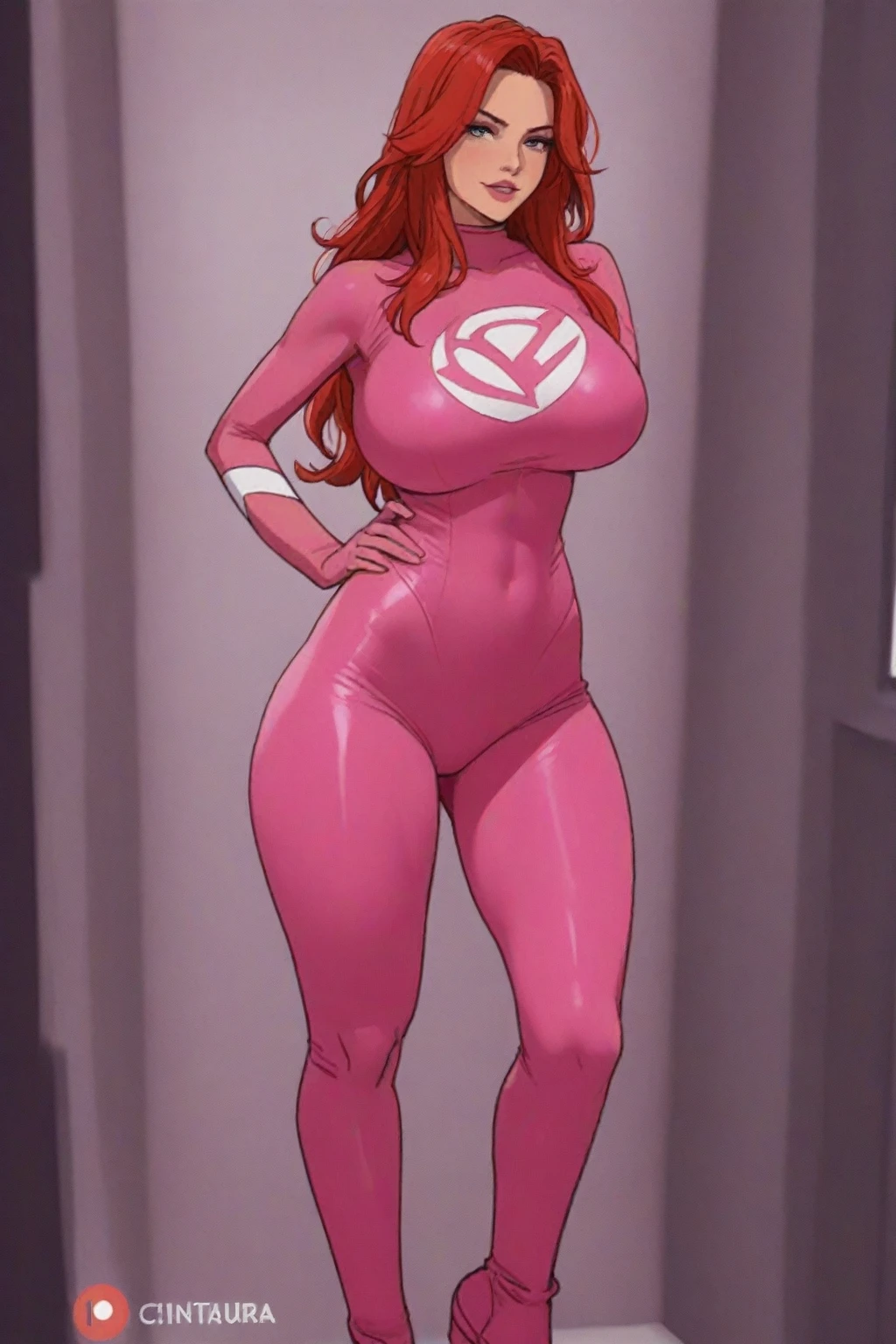 ((masterpiece)), ((photorealistic)), ((UHD)), ((8k)), ((perfect quality)), ((best quality)), ((solo)), ((girl)), Atom Eve, orange long hair, face : [(the most beautiful face), (makeup), (20 years old), realistic, detailed, (perfect face), (round face), plump face, plump cheeks, small smile], pose : [ standing, shy pose ], figure : [ very full body, very thick, (huge breasts), sexy, (sexy curves), (very curvy), (very soft body), (very chubby), (wide waist), (belly bulge), (chubby belly bottom), thick thighs, thunder thighs) ], clothes : [ (tight bright-pink latex costume), tight belt ]