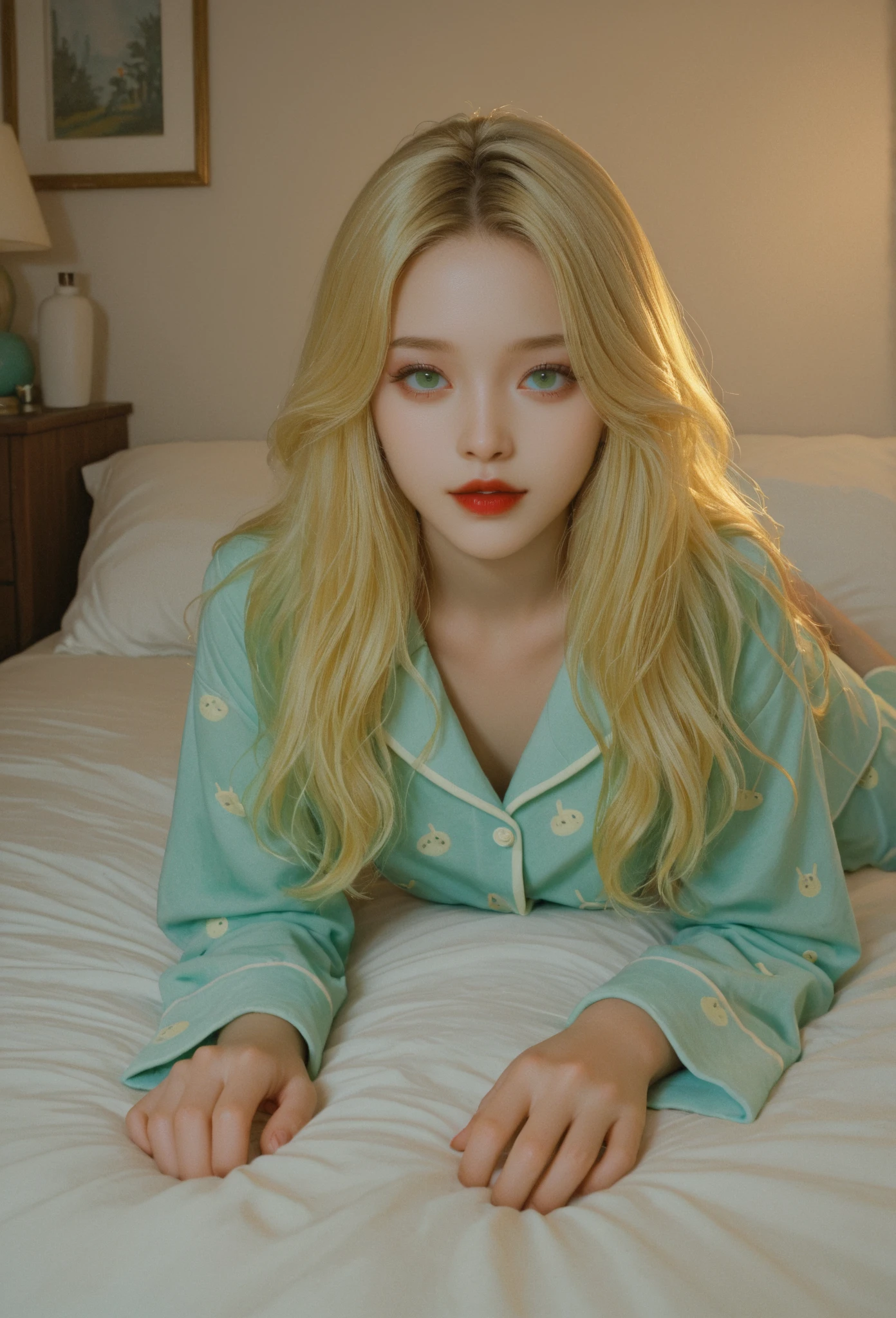 (masterpiece, best quality), photorealistic, cinematic, 1 girl, ((full body Shot:1.5)), perfect anatomy, curvaceous body, alluring, perfect eyes, detailed eyes, ((lips slightly parted:1.5)), perfect hands, medium-sized breasts, in peaceful slumber, ((the woman with wavy blonde hair sleeps serenely in her bed:1.5)), ((lying face down:1.5)), ((dreaming, aroused:1.5)), ((she wears a Velvet Lounge Jumpsuit:1.5)), the blanket enveloping her is a soft pastel pink, like the first light of dawn, adorned with subtle embroidered patterns of blooming flowers, sweaty skin
