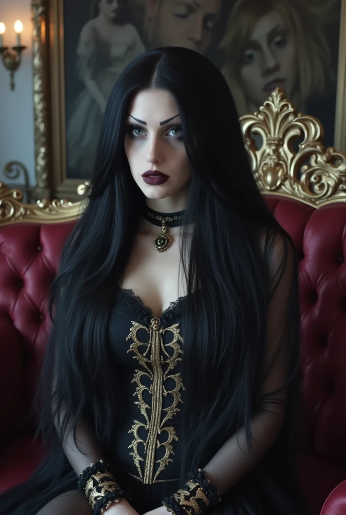long-haired ，wearing a long black lace dress，(((head uncovered))), Shoulders exposed,   happy smile，red color eyeystical ambiance)))，(((Dark style)))