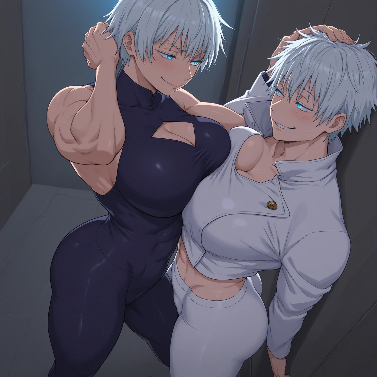 (masterpiece, Highest quality:1.2), smile, View your viewers, Huge muscles､Huge penis,David,Tight suit,Sakuma Jirou,((Young boy,Little,Eye patch,Cobalt blue hair color,Long Hair))Crying face,Drooling,