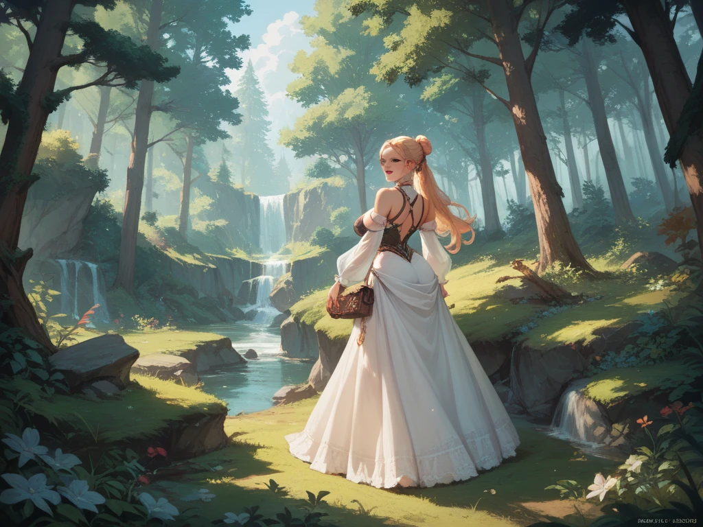 /imagine prompt: Anime, personality: [Open a landscape featuring dark forest, filled various animals In the foreground, center stage, stands Taurus, a witch woman with flowing hair adorned floral accents, her outstretched as if summoning wildlife. Her expression is serene and confident, embodying a deep connection to nature.]