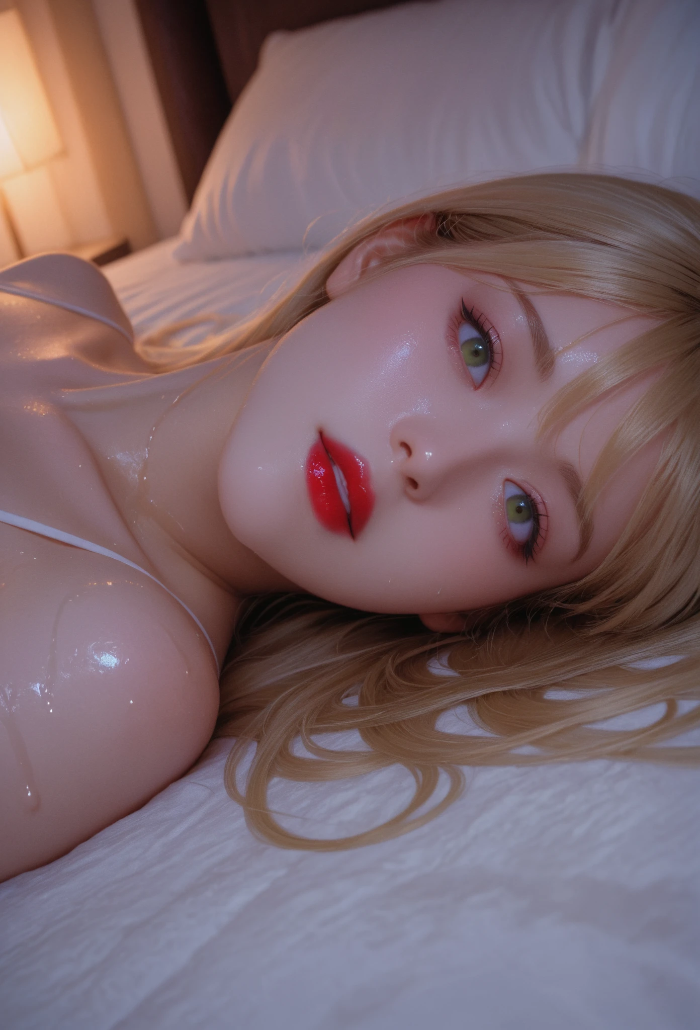 1girl, (Blue Eyes), (ahg, rolling eyes, tongue), (Sana Minatozaki), (beautiful makeup :1.2), wide hips, big tits, big ass, (Best Quality, 8k, Masterpiece: 1.3), Clear Focus: 1.2, Perfect Body Beauty: 1.4, strong abs, Highly detailed face and skin texture, detailed eyes, double eyelids, (blonde long hair :1.2), (red bra :1.2), (lying in bed whit open legs :1.2), (cum on breasts :1.2), (cum on face :1.2), splashed with semen, covered in semen, in a hotel room