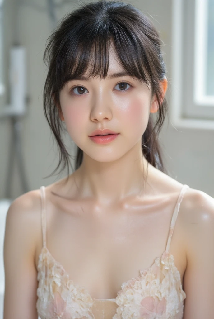 high quality work,Realistic artwork,Ultra Premium Graphics,8K HD CG Works,High quality graphics,High-definition and elaborate CG work,10x pixels,Ultra-fine detail:1.1,Advanced Technical Details:1.1Realistic photo effects,Indoor lighting effects:1.5,Natural soft light:1.5. Light effects(Virtual Lighting Effects:1.8),Ultra-high resolution,Clear Eyes,Double eyelids are beautiful, Pretty face, The face shape is perfectly balanced, ハイパーフォトrealism, Cinema Lighting, projected inset, Surrealism, masterpiece, realism,Large Breasts、Cleavage,Put your chest close、See-through lingerie、bedroom、(Lying down:1.2)