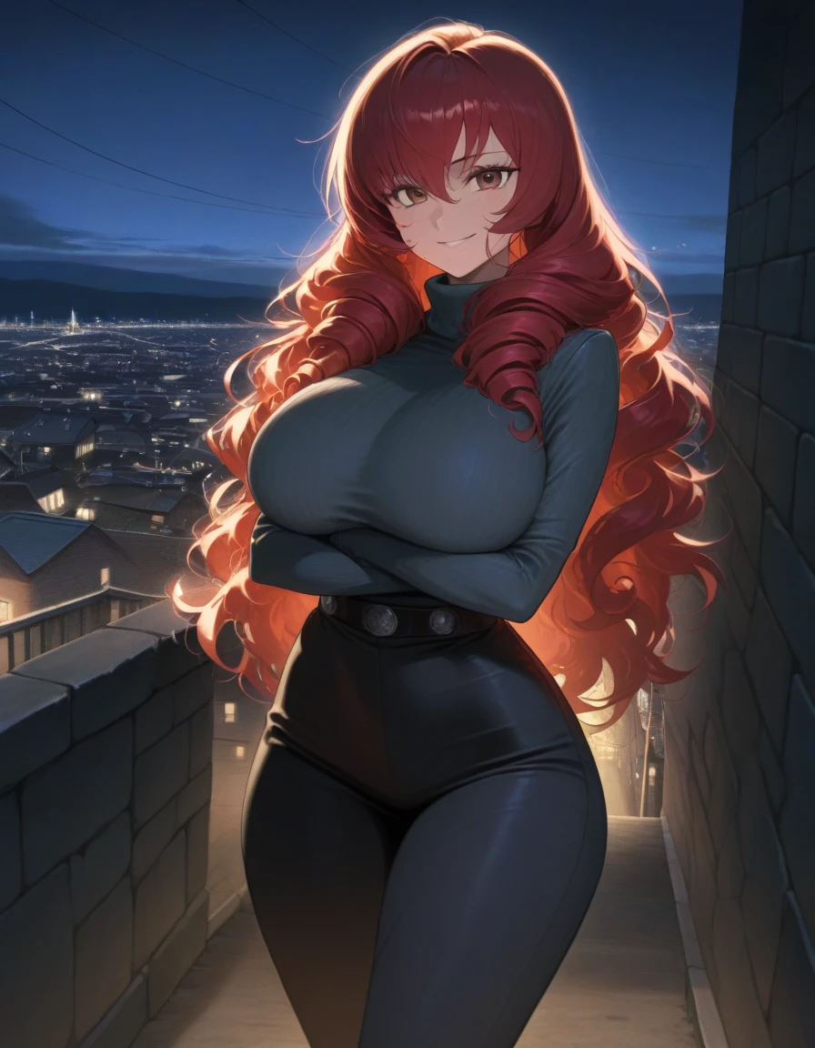 Content:
A giantess with red hair and massive curves is towering over a city, wearing a white lab coat. She uses her curves to destroy buildings, a sadistic look on her face as smoke fills the air. She's looking down at the destruction she's causing

Medium:
Digital art, anime-style illustration.

Style:
Inspired by kaiju movies and giantess fantasy art. Emphasis on dramatic destruction and the power of the giantess.

Lighting:
Intense, dramatic lighting with the cityscape illuminated by fires and the setting sun, casting long shadows and creating a sense of chaos.

Colours:
A palette dominated by fiery reds, oranges, and the dark greys of smoke and destruction. Highlights on the giantess’s red hair and curves to make her stand out against the smoky background.

Composition:
A wide-angle shot capturing the giantess towering over the city. Buildings crumble under the force of her curves, and smoke billows into the sky. Her sadistic expression is clearly visible, adding to the sense of menace. The foreground includes destroyed buildings and fleeing people, enhancing the scale and impact of the scene.