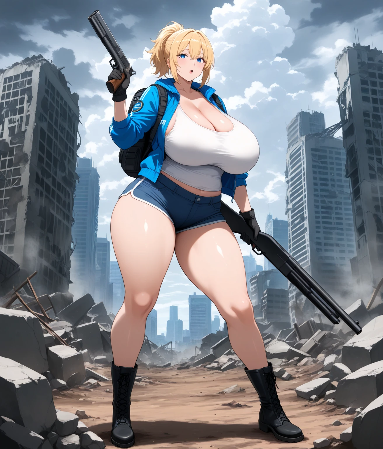 Giga giantess in a destroyed city, (GTS), macro, aerial view, from_above, ((rampage)), ((destruction)), bikini, giantess, (masterpiece), ((full_body)), footprints, ((gigantic_breasts)), facing_viewer, wide_shot, tiny buildings along the bottom of frame, abs, smirk, smug, crushing, explosion, military vehicle