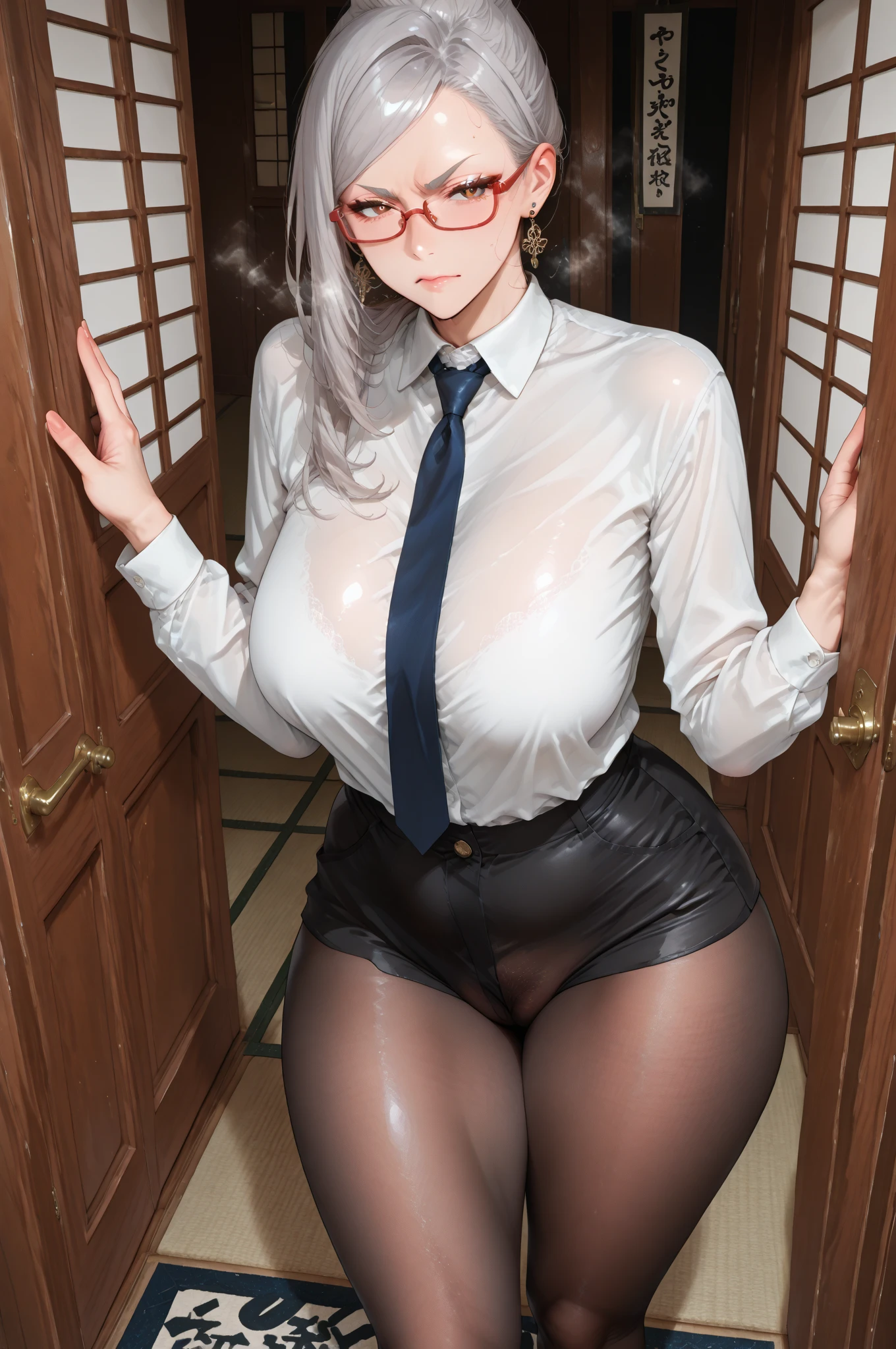 Granny, Mulher madura, , professor, clivagem, (sala de aula: .7), sorrir, piso, eyeglass, Camada JAV, cinemactic, photoshoot profissional, foto crua, (messy white hair), obra-prima, melhor qualidade, NSFW glasses
