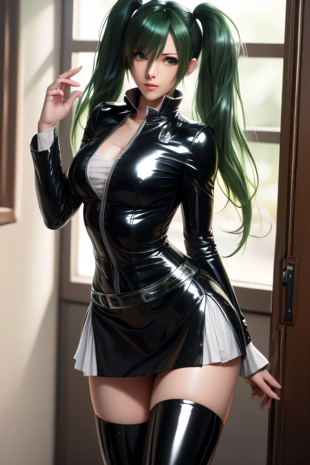 8K , Indonesian woman with tall body and long legs and muscular build, 38 years old , Woman wearing Maxi Lolita leather skirt rock n roll clothes with lace, Dramatic images , Beautiful , Extremely detailed , Angry face , ((Hair blowing:1.3 )) , green hair, pose comes out of a magical portal